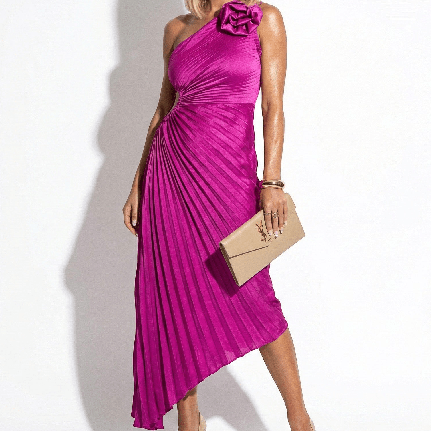 Millie - Women's One - Shoulder Pleated Dress with Rosette Detail - Dresses - Pink - Jones & Smith