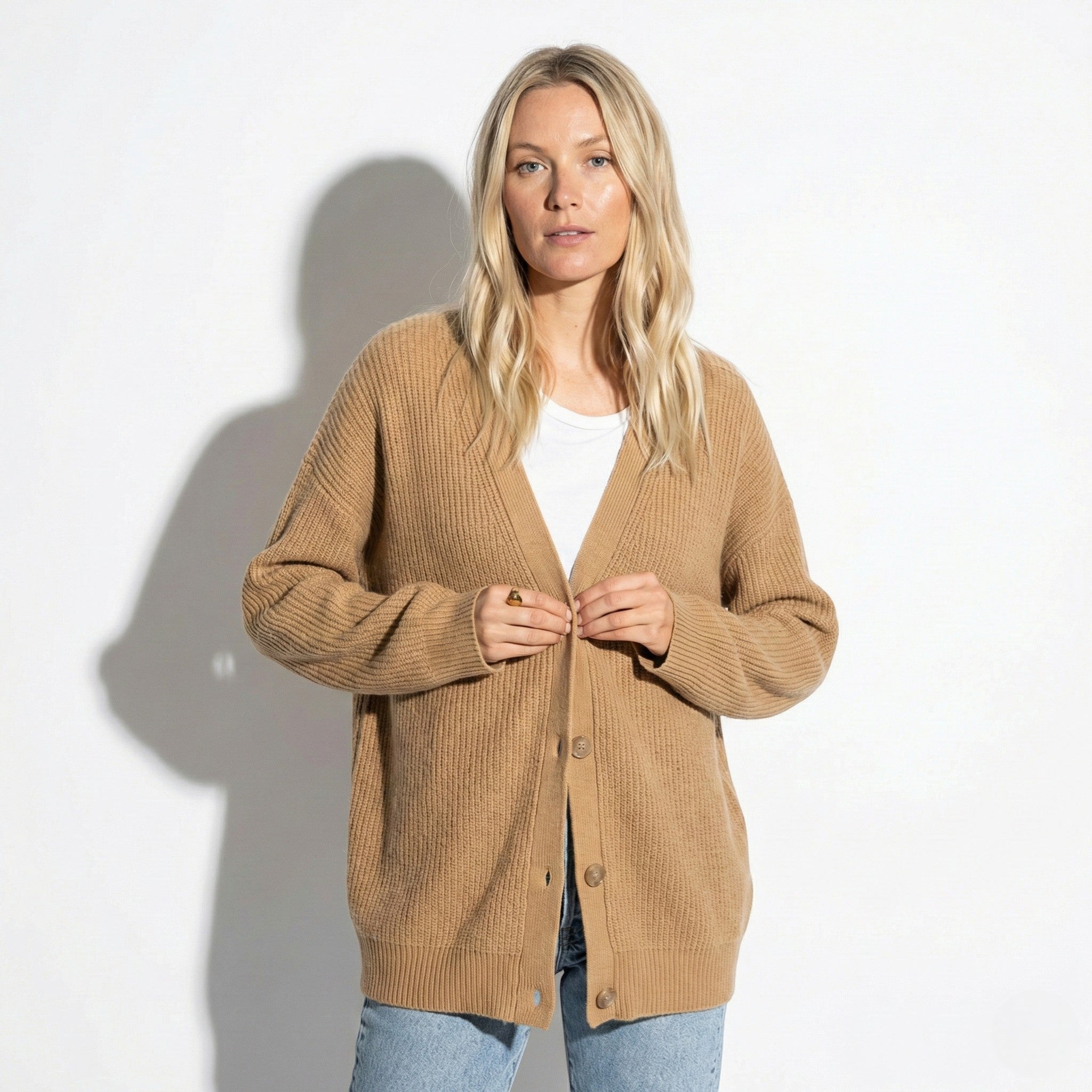 Millie - Women's Oversized Knit Cardigan with Button Closure - Cardigans - Camel - Jones & Smith