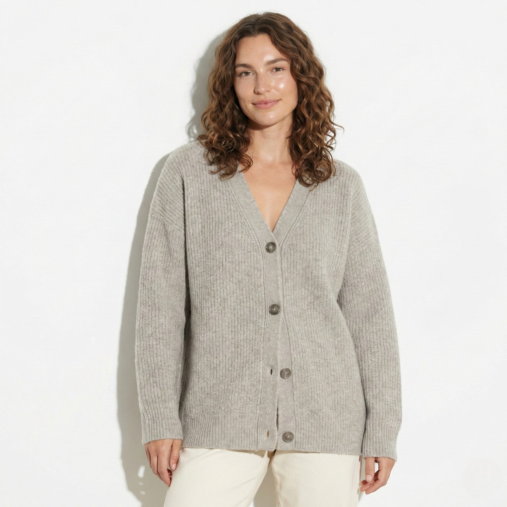 Millie - Women's Oversized Knit Cardigan with Button Closure - Cardigans - Uncoloured Stone - Jones & Smith