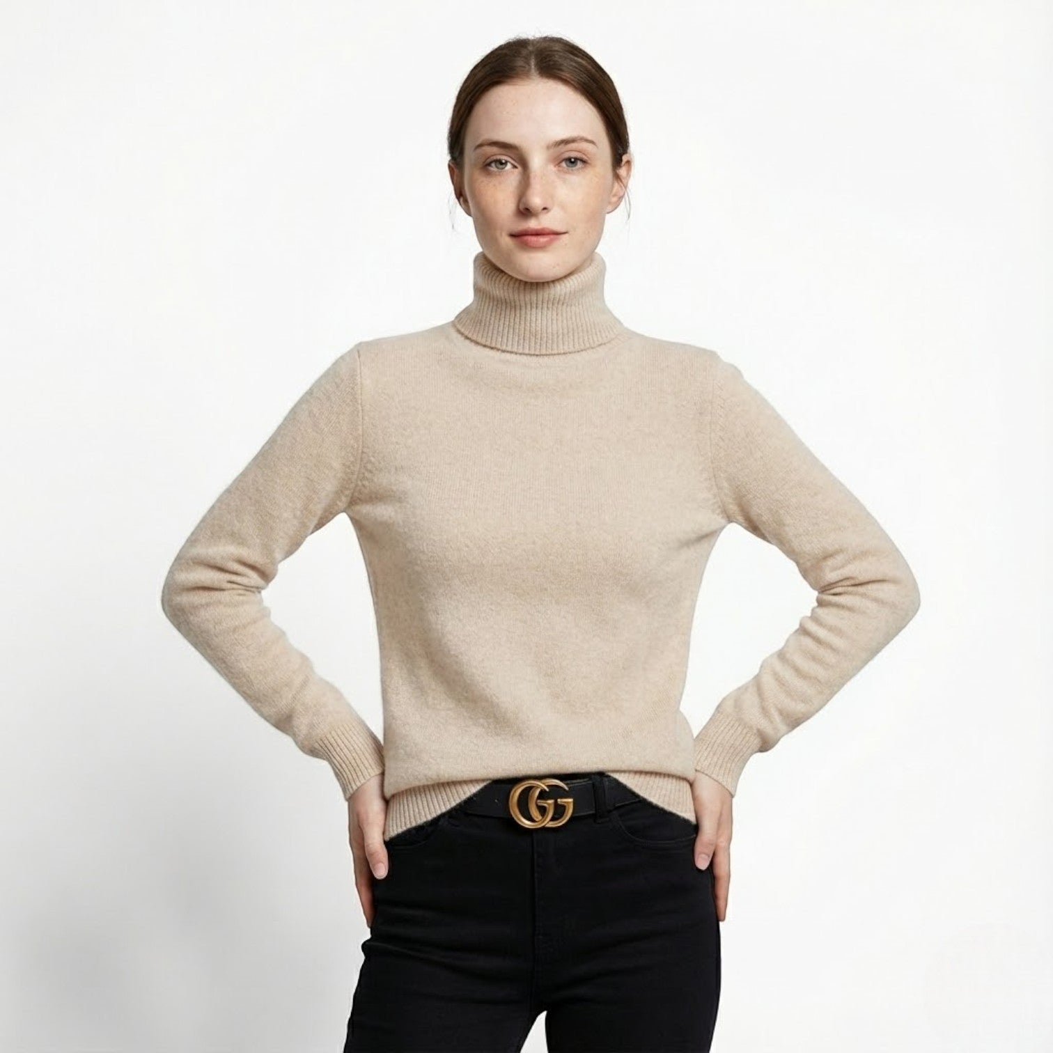 Mira – Women's Wool Roll Neck Jumper - Sweater - Beige - Jones & Smith