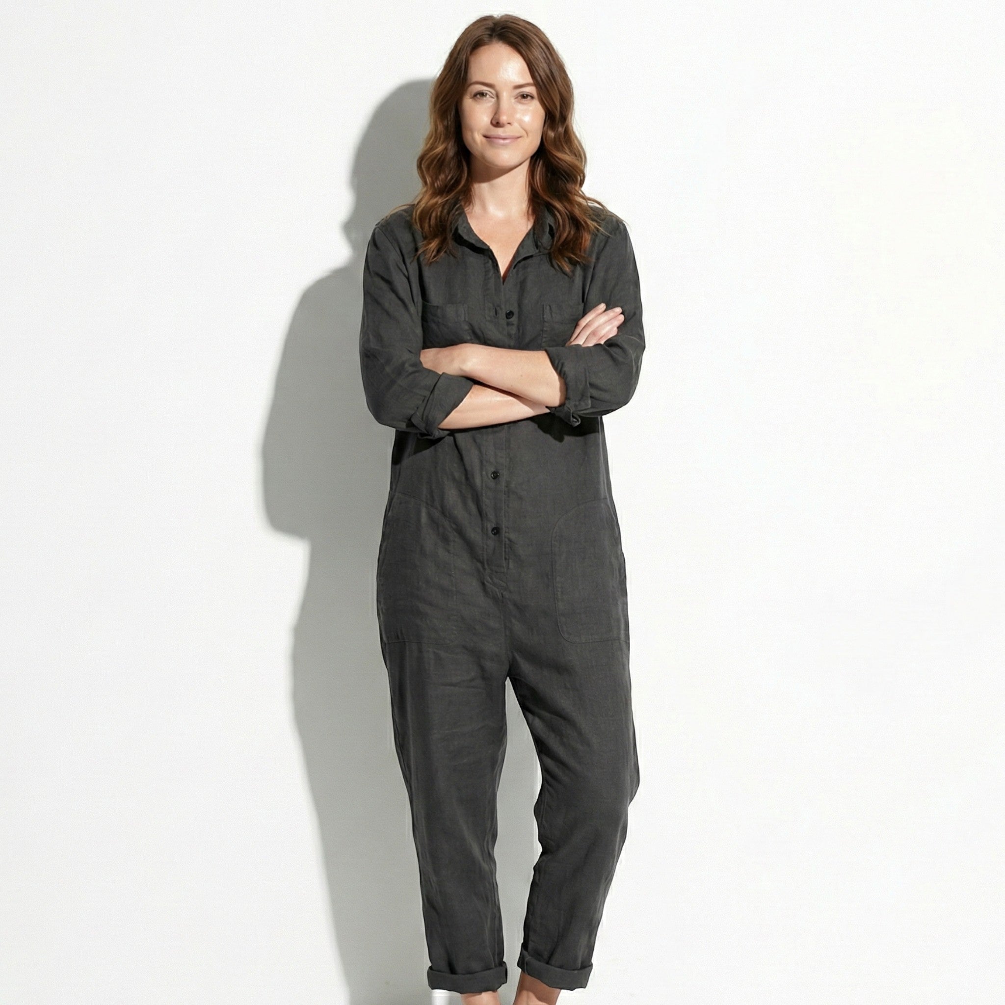 Monica - Women's Long Sleeve Casual Jumpsuit with Button Front - Jumpsuit - Black - Jones & Smith