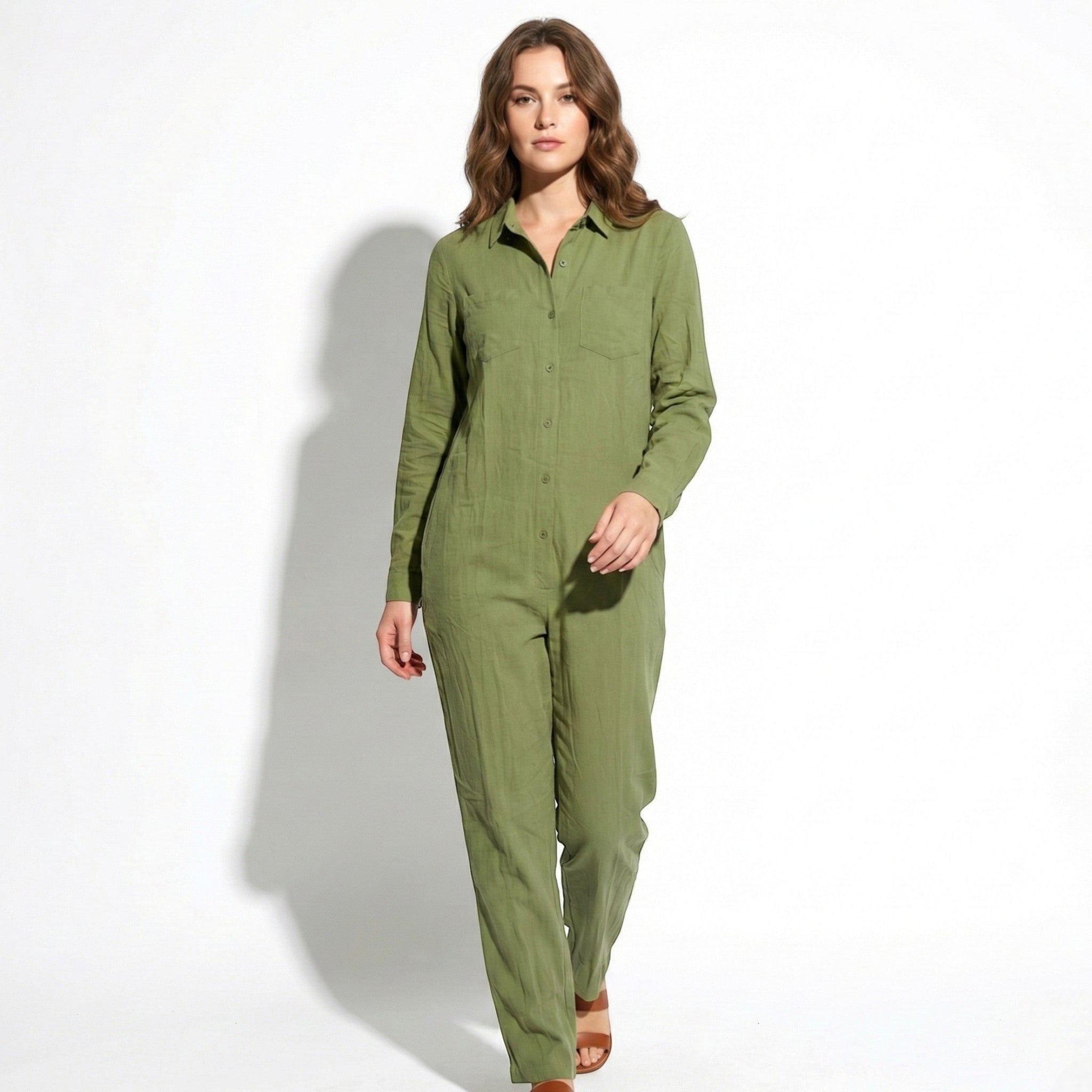 Monica - Women's Long Sleeve Casual Jumpsuit with Button Front - Jumpsuit - Green - Jones & Smith