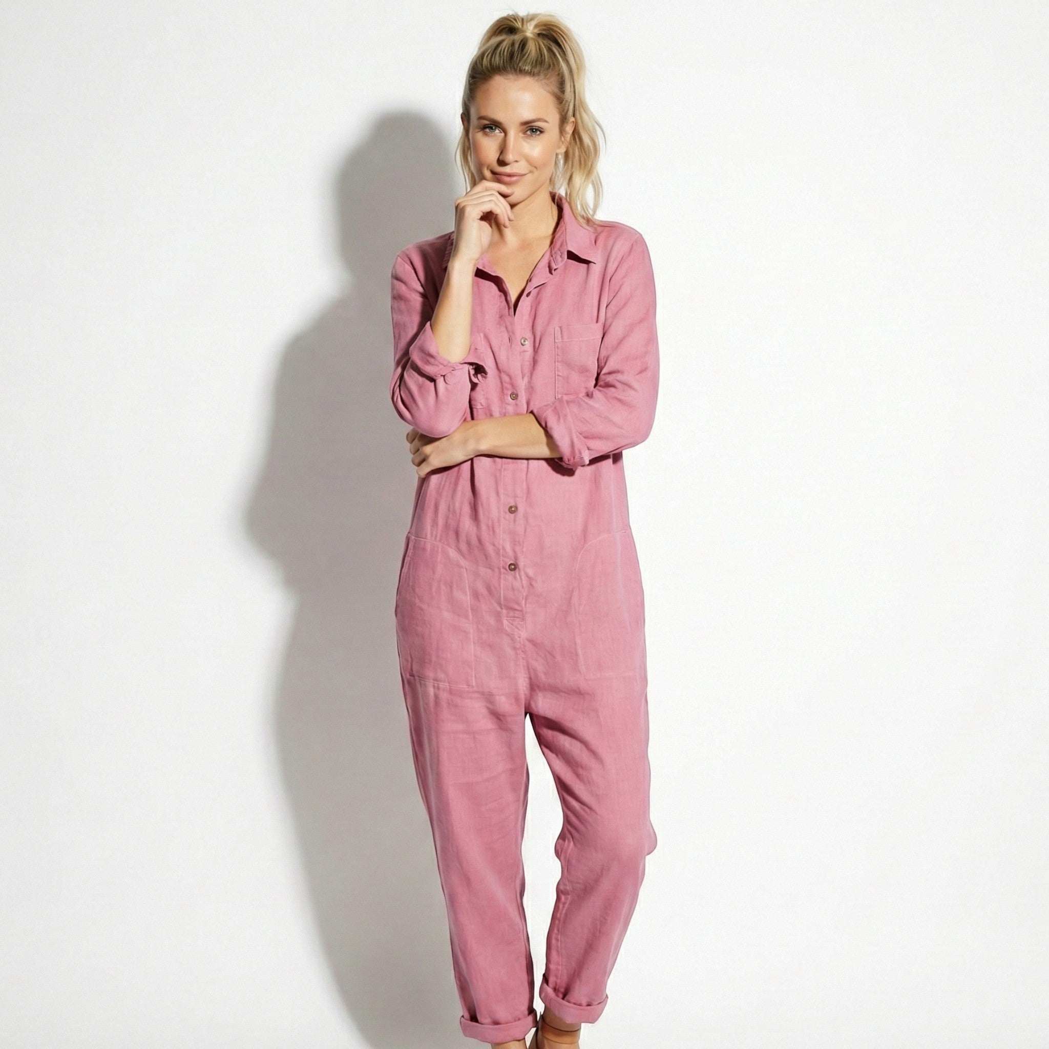 Monica - Women's Long Sleeve Casual Jumpsuit with Button Front - Jumpsuit - Pink - Jones & Smith