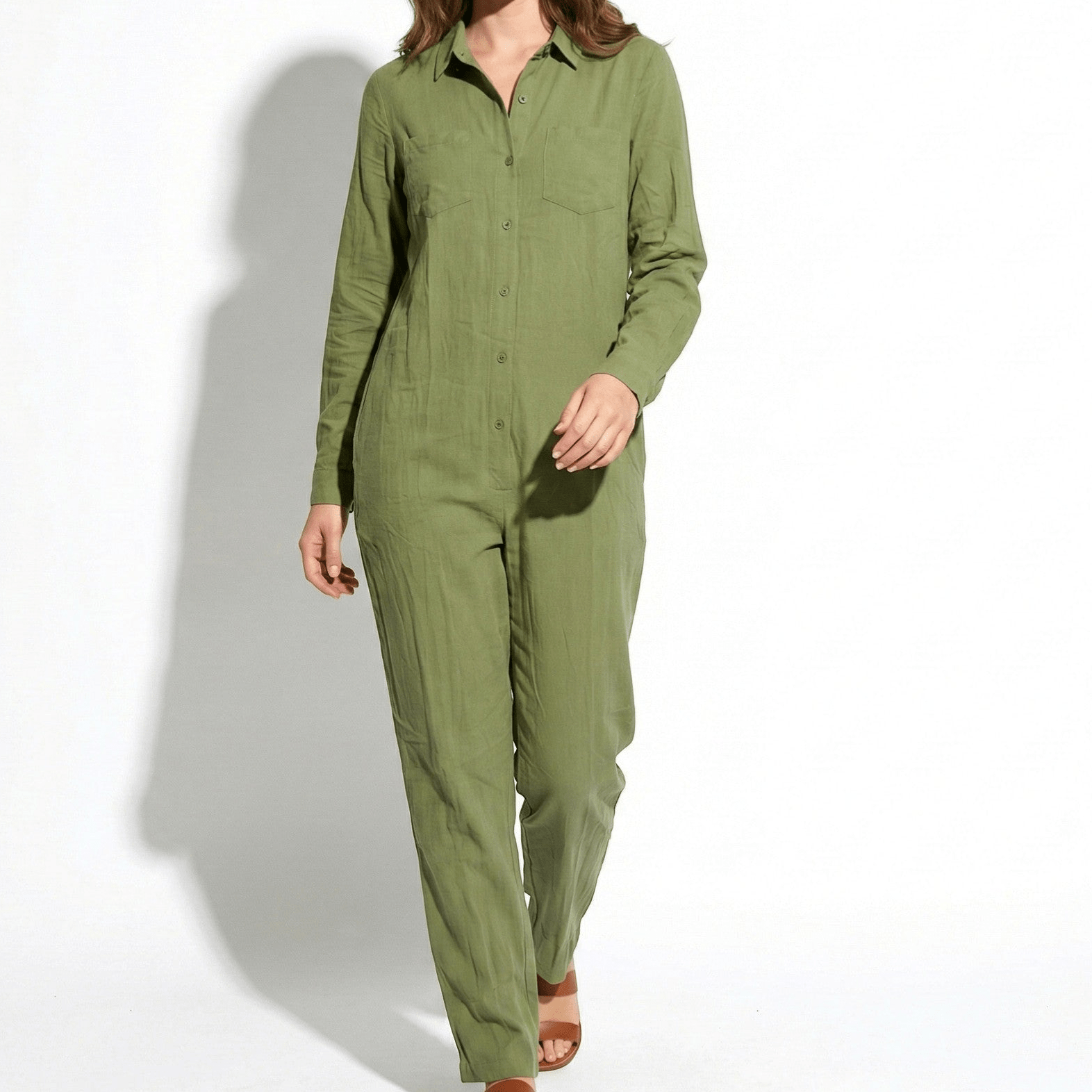 Monica - Women's Long Sleeve Casual Jumpsuit with Button Front - Jumpsuit - Green - Jones & Smith