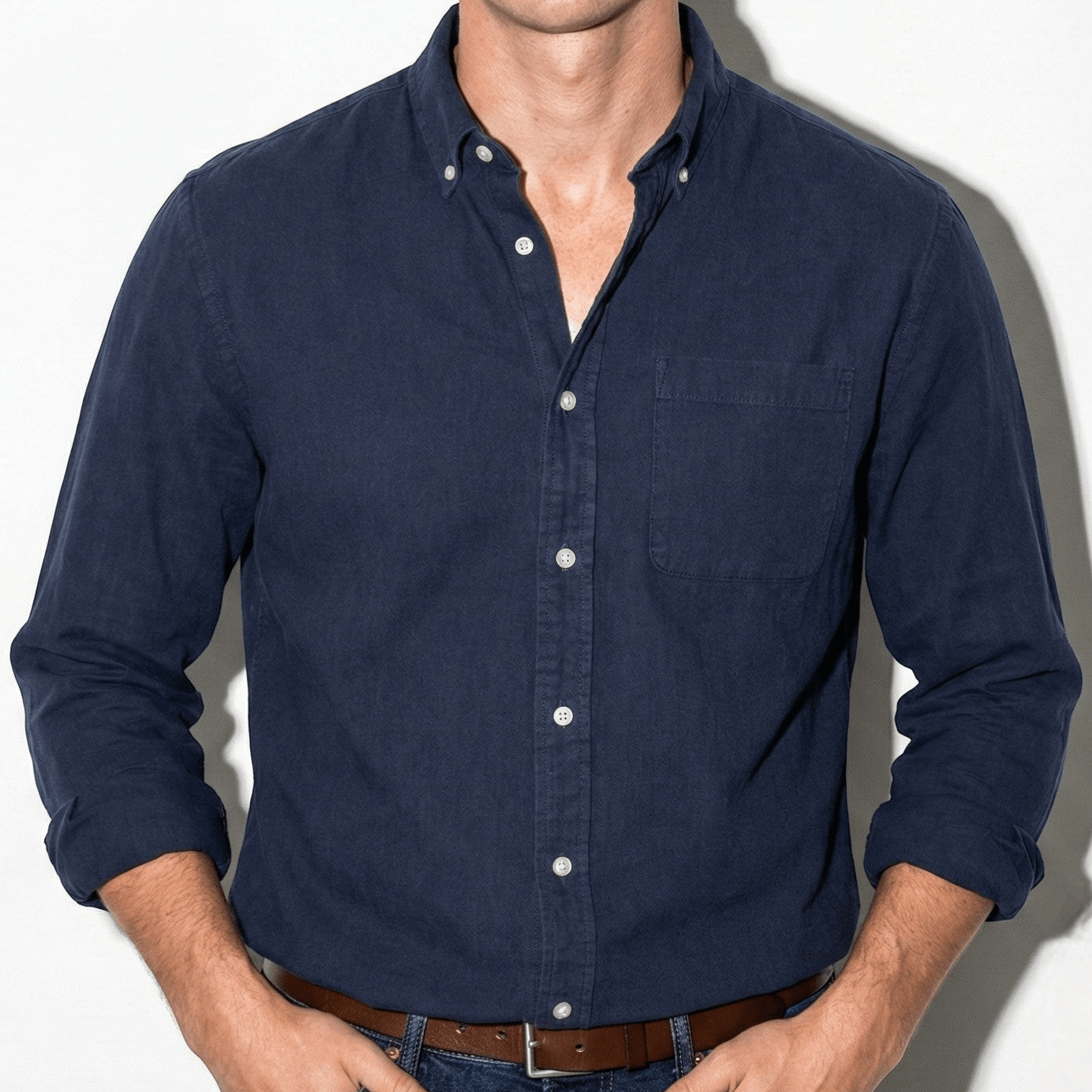 Noah - Men's Relaxed Long Sleeve Shirt with Notched Collar - Long Sleeve Polo Shirt - Navy Blue - Jones & Smith