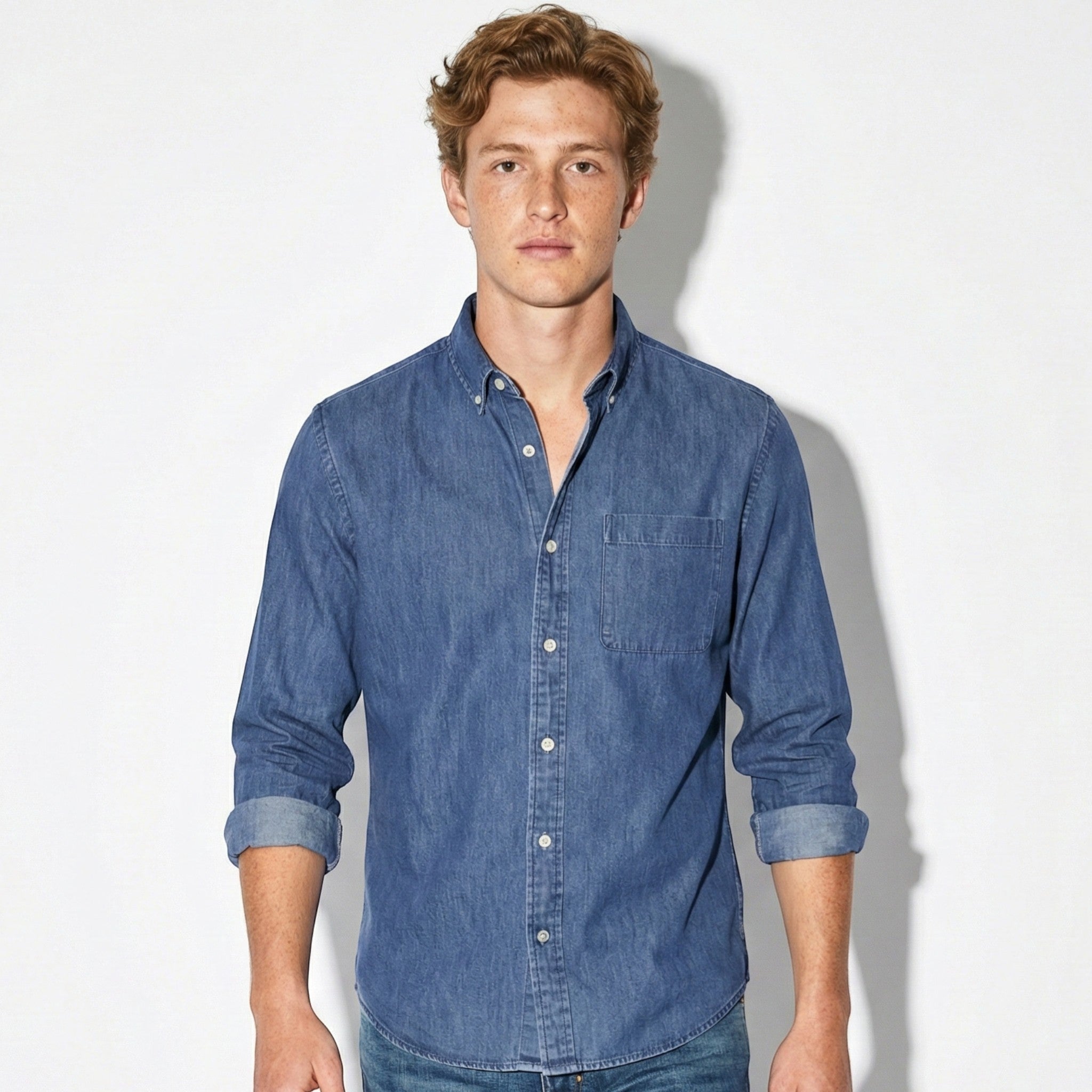 Noah - Men's Relaxed Long Sleeve Shirt with Notched Collar - Long Sleeve Polo Shirt - Blue - Jones & Smith