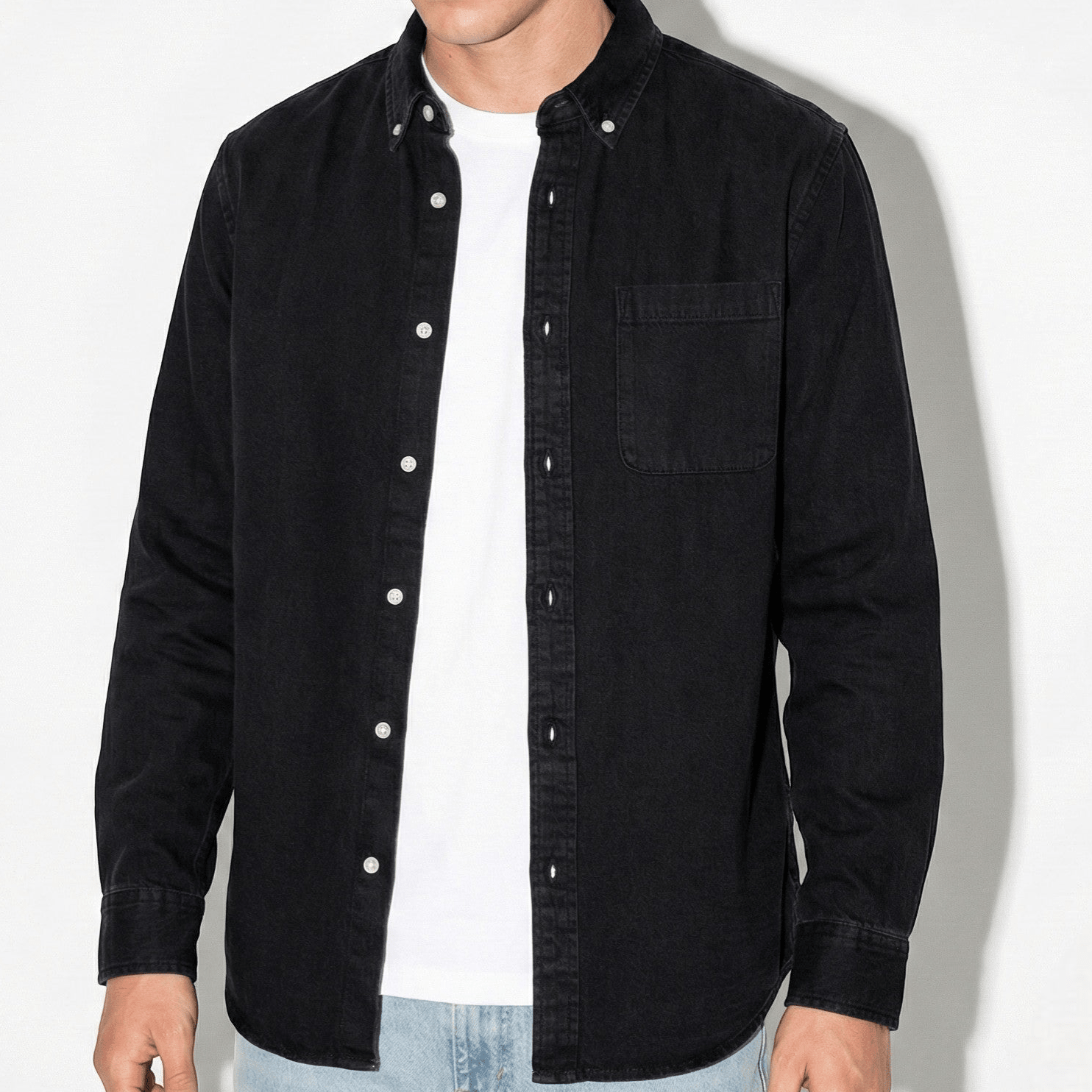 Noah - Men's Relaxed Long Sleeve Shirt with Notched Collar - Long Sleeve Polo Shirt - Black - Jones & Smith