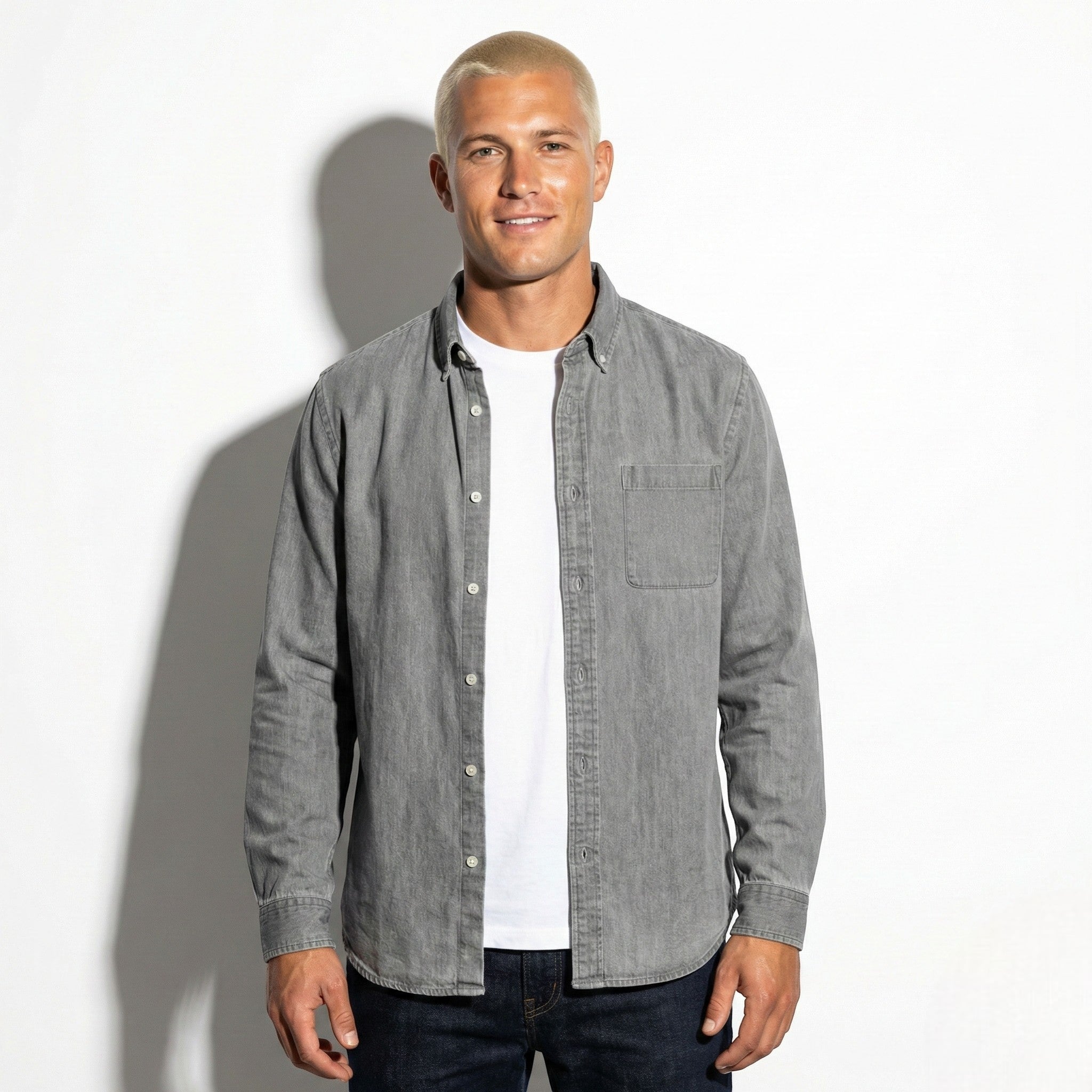 Noah - Men's Relaxed Long Sleeve Shirt with Notched Collar - Long Sleeve Polo Shirt - Grey - Jones & Smith