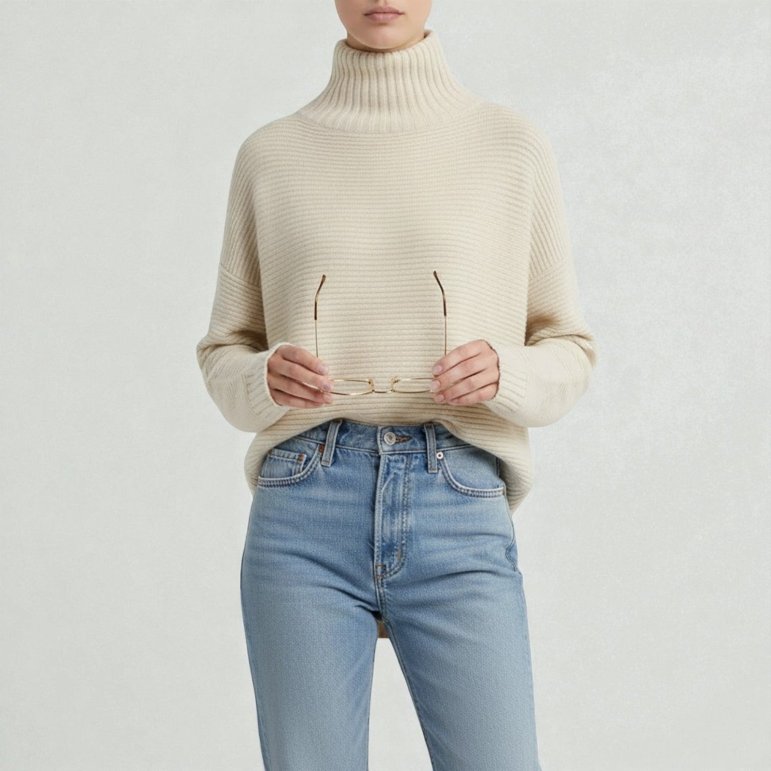Noelle – Women's Wool Roll Neck Knitted Jumper - Sweater - Beige - Jones & Smith