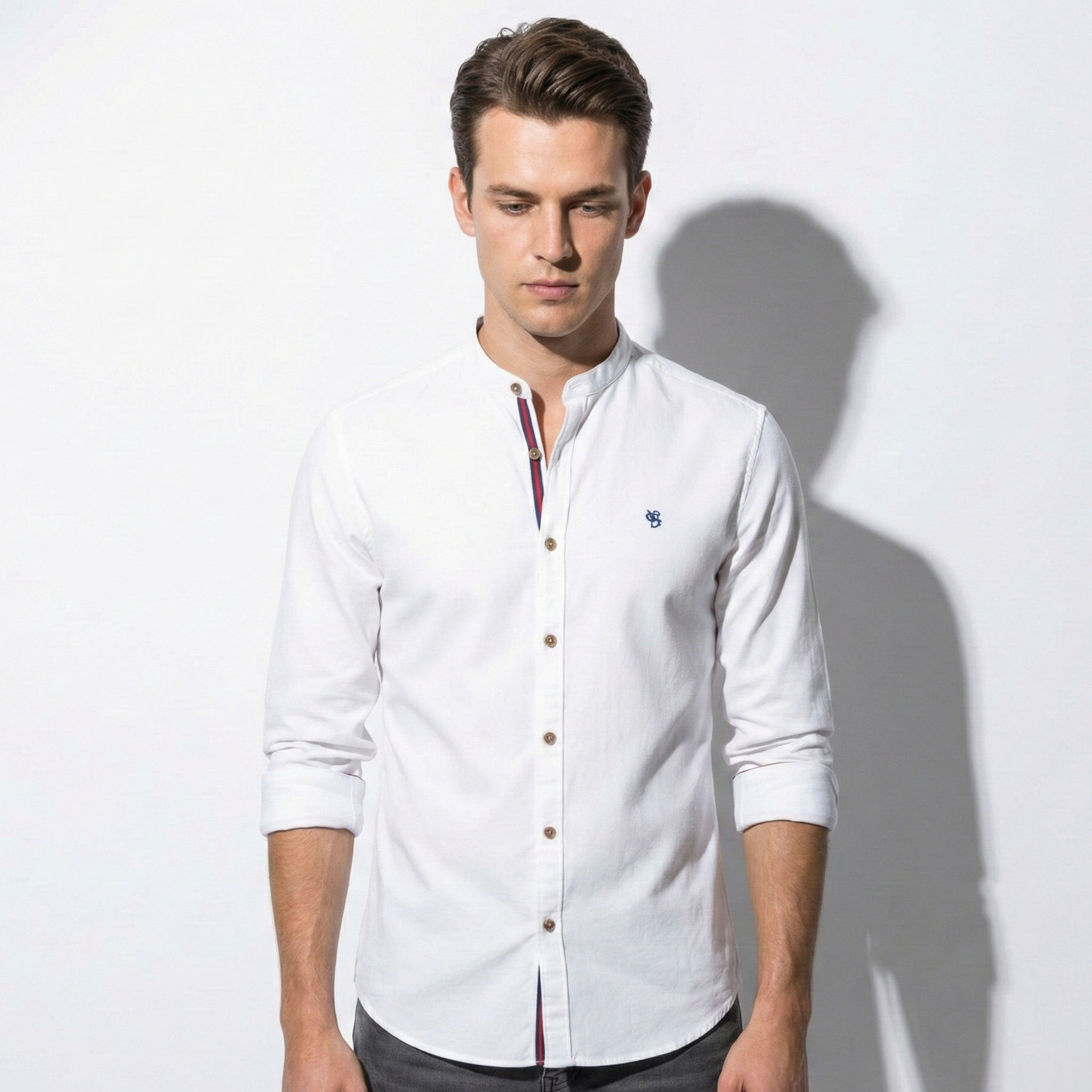 Oliver - Men's Casual Shirt with Mandarin Collar and Button Placket - Shirt - White - Jones & Smith
