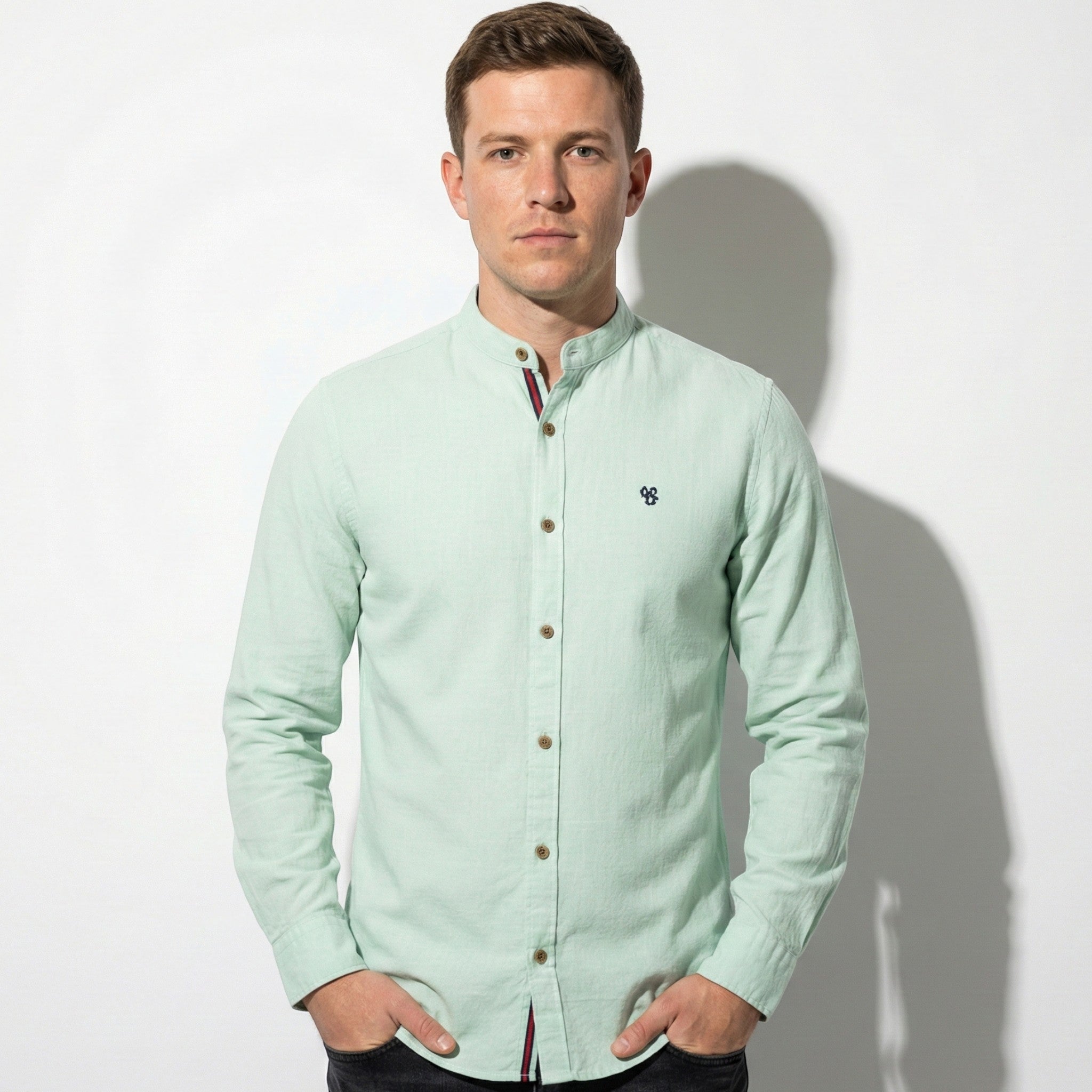 Oliver - Men's Casual Shirt with Mandarin Collar and Button Placket - Shirt - Light Green - Jones & Smith