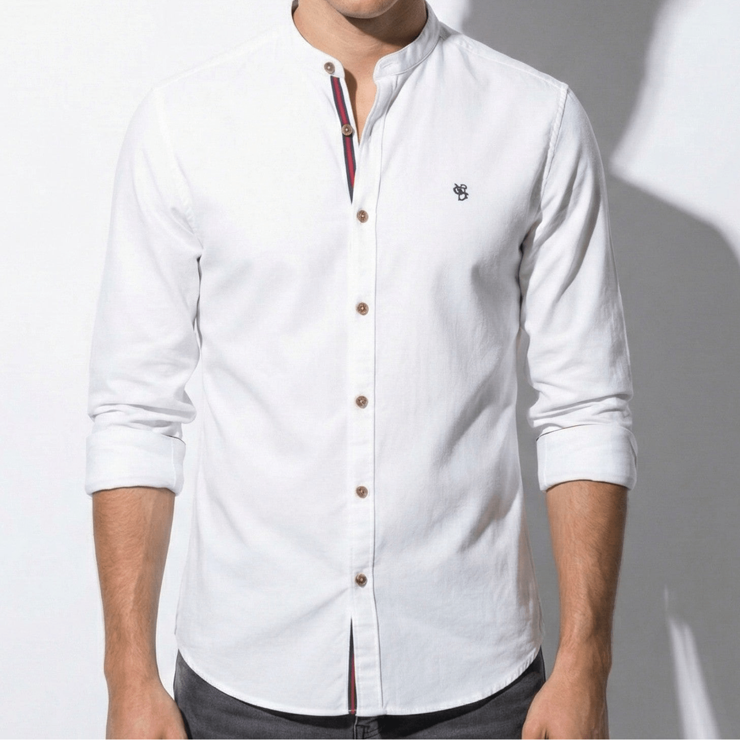Oliver - Men's Casual Shirt with Mandarin Collar and Button Placket - Shirt - White - Jones & Smith
