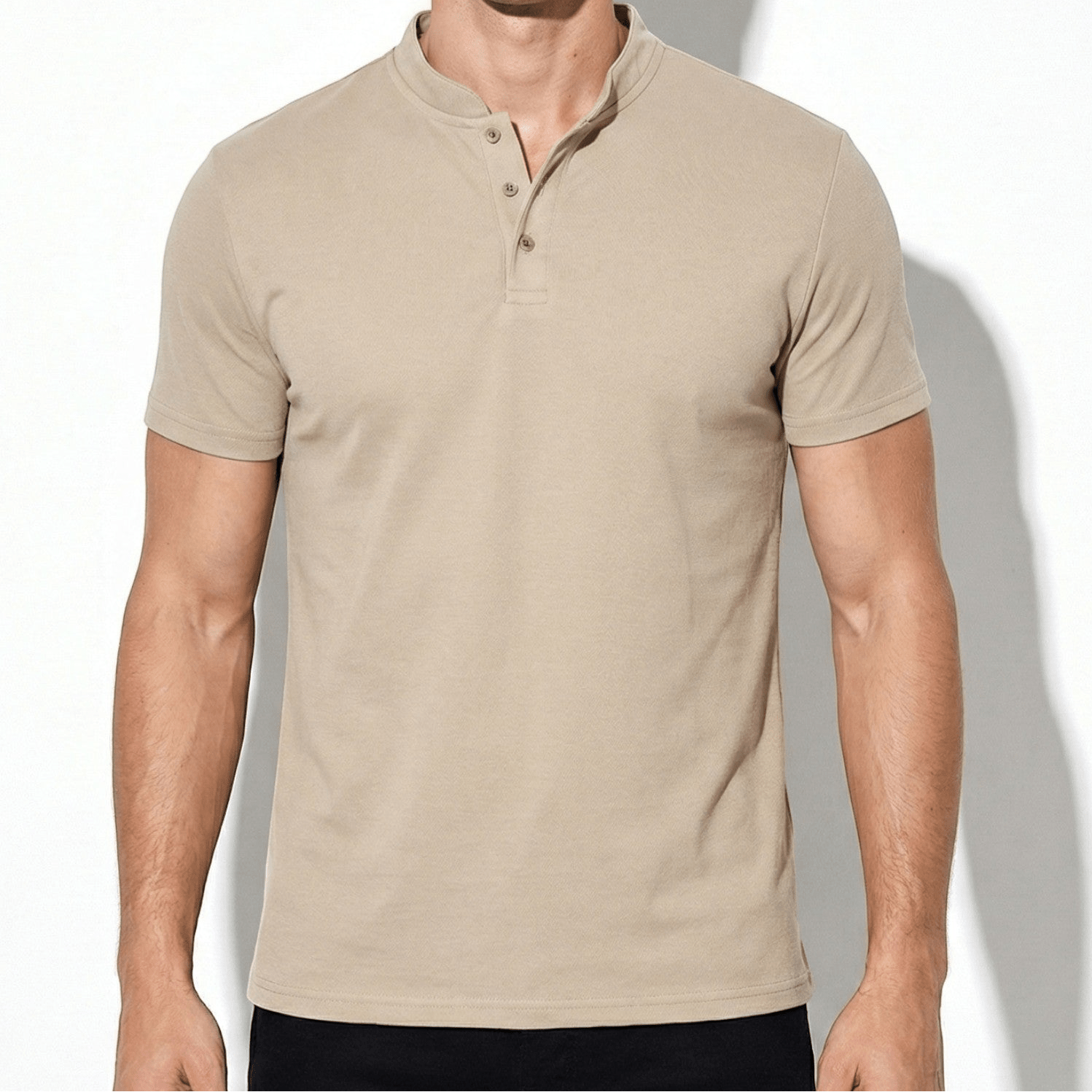 Oliver - Men's Short Sleeve Henley Shirt with Button Placket - Men Shirt - Khaki - Jones & Smith