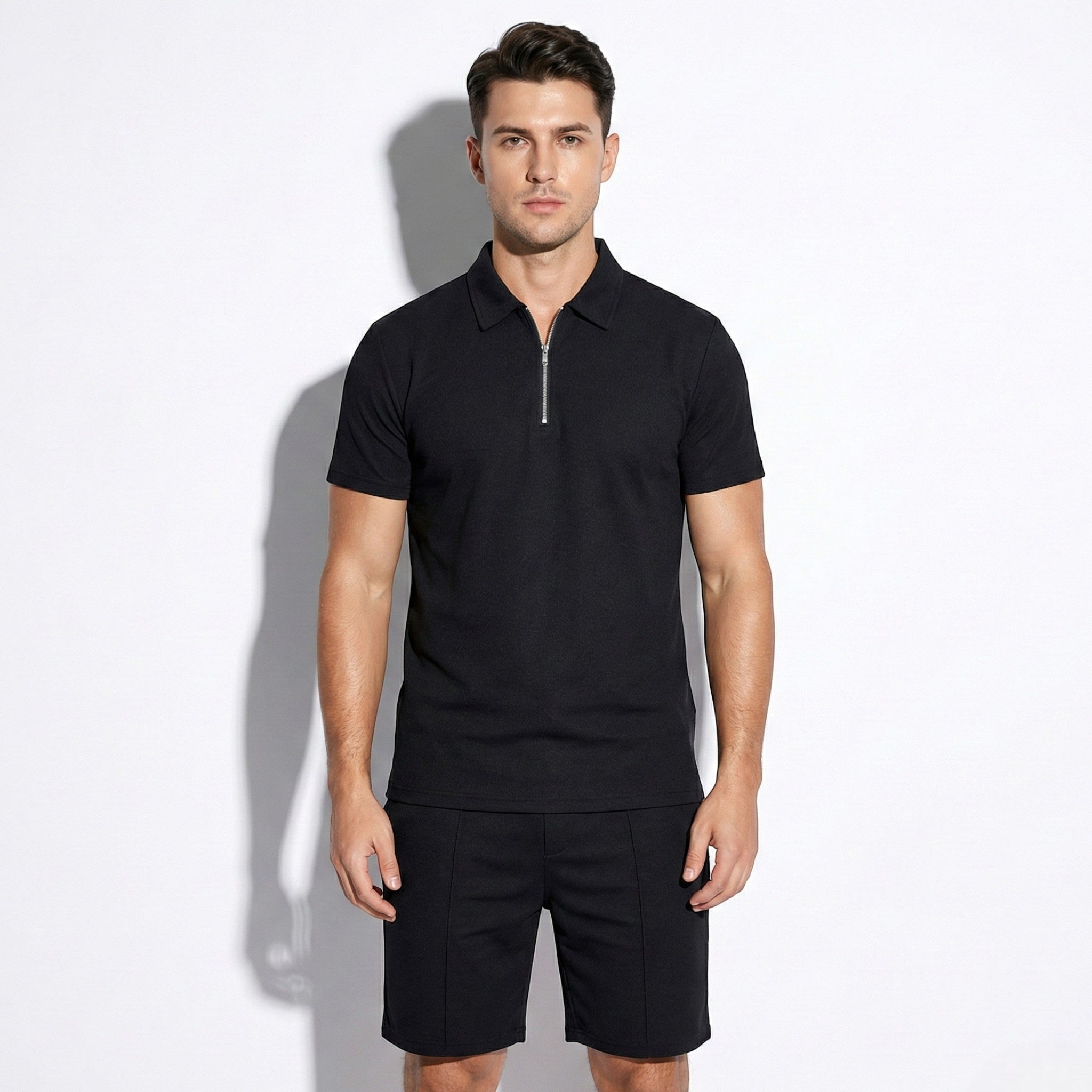 Oliver - Men’s Two - Piece Shorts and Quarter - Zip Polo Set - Sets - Black - Jones & Smith
