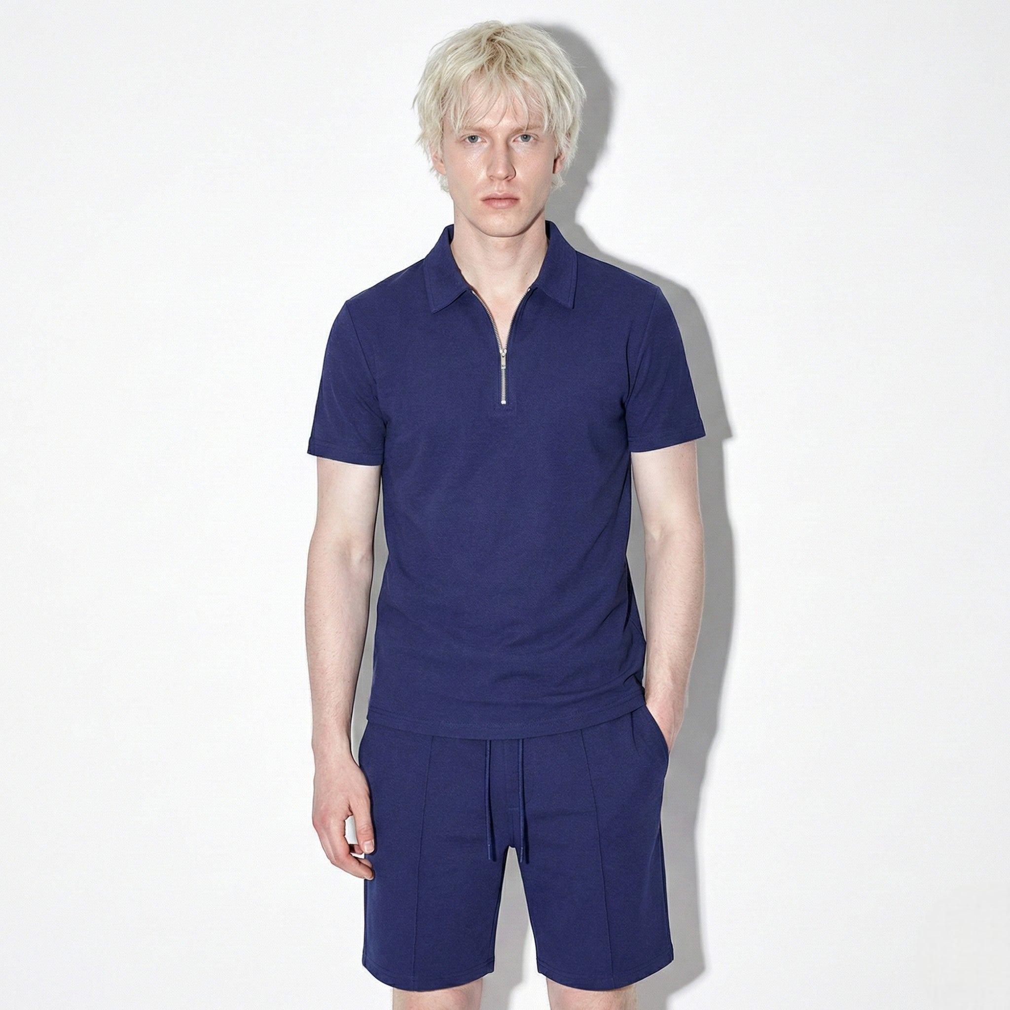 Oliver - Men’s Two - Piece Shorts and Quarter - Zip Polo Set - Sets - Navy Blue - Jones & Smith