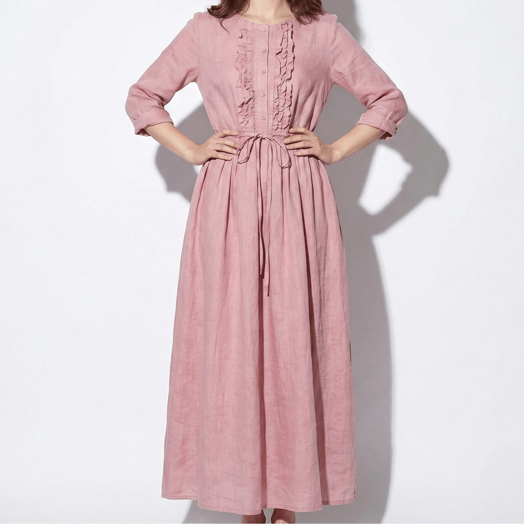 Olivia - Women’s Long Sleeve Maxi Dress with Pleated Bodice - New - Pink - Jones & Smith