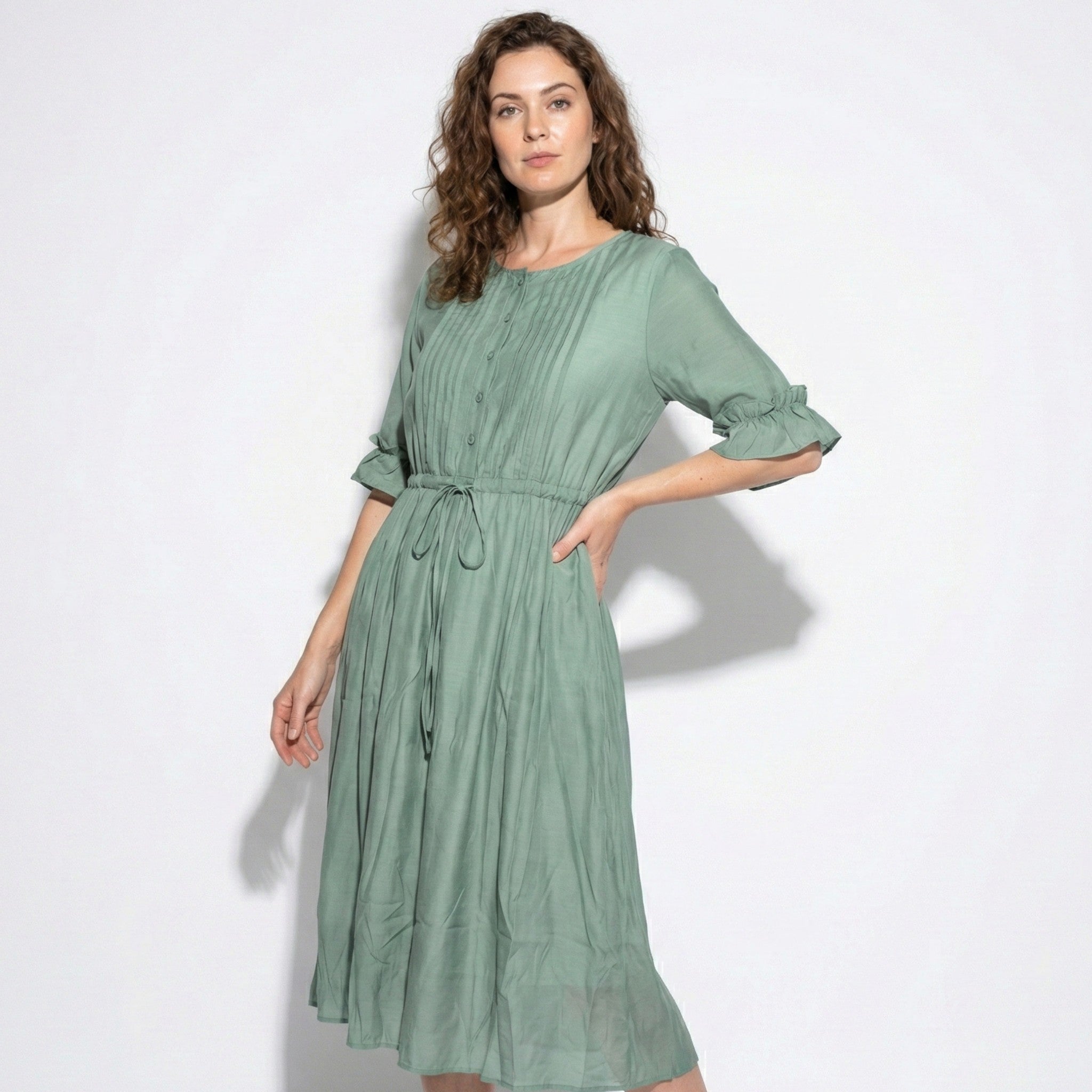 Olivia - Women’s Long Sleeve Maxi Dress with Pleated Bodice - New - Green - Jones & Smith
