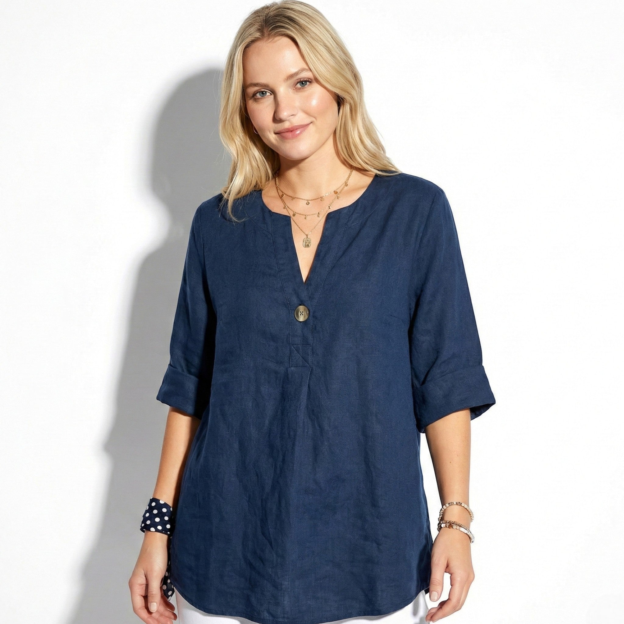 Olivia - Women's V - Neck Blouse with Button Detail and 3/4 Sleeves - Blouses - Navy Blue - Jones & Smith