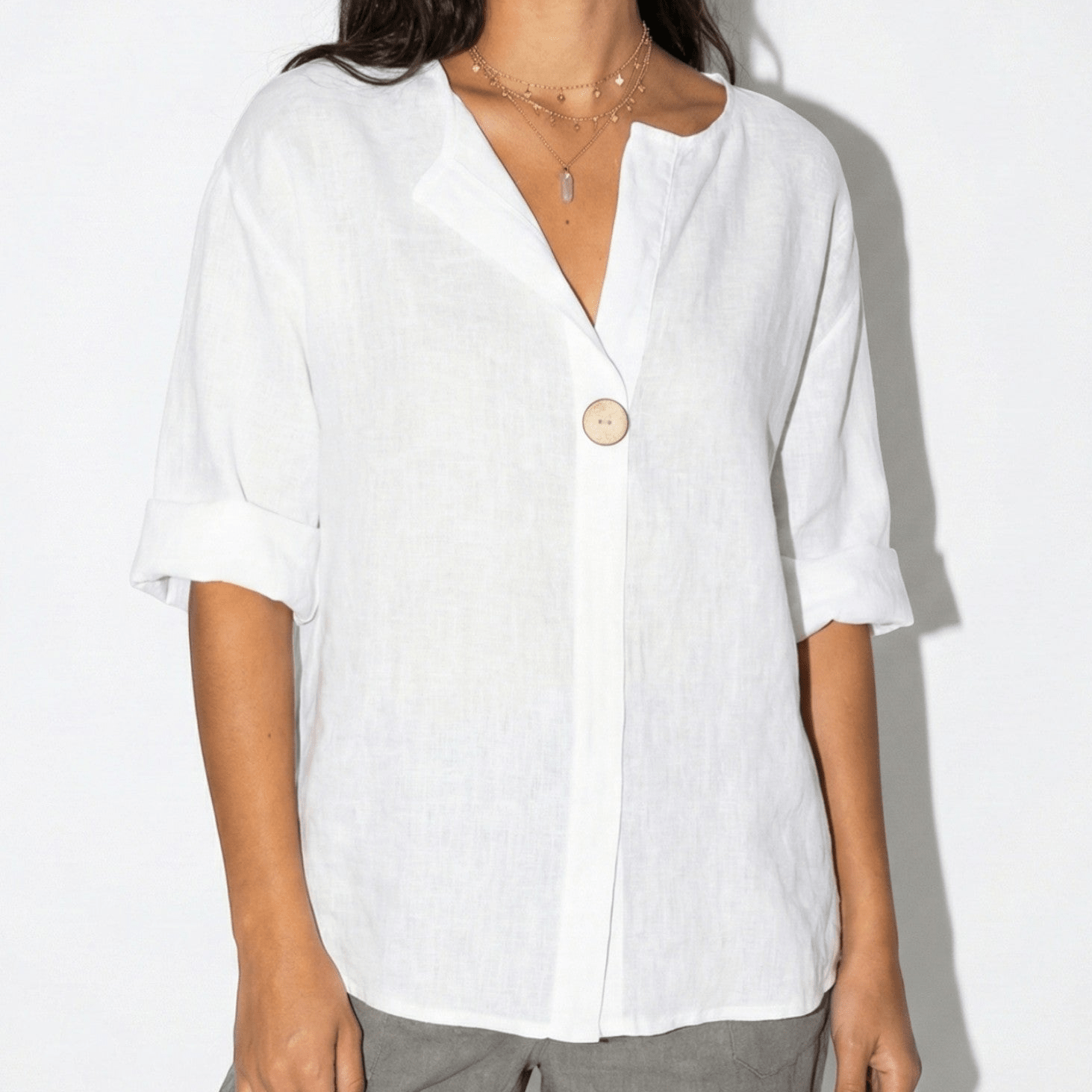 Olivia - Women's V - Neck Blouse with Button Detail and 3/4 Sleeves - Blouses - White - Jones & Smith