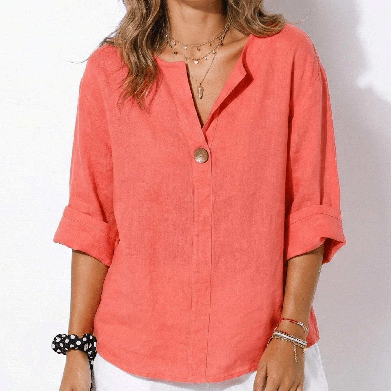 Olivia - Women's V - Neck Blouse with Button Detail and 3/4 Sleeves - Blouses - Red - Jones & Smith