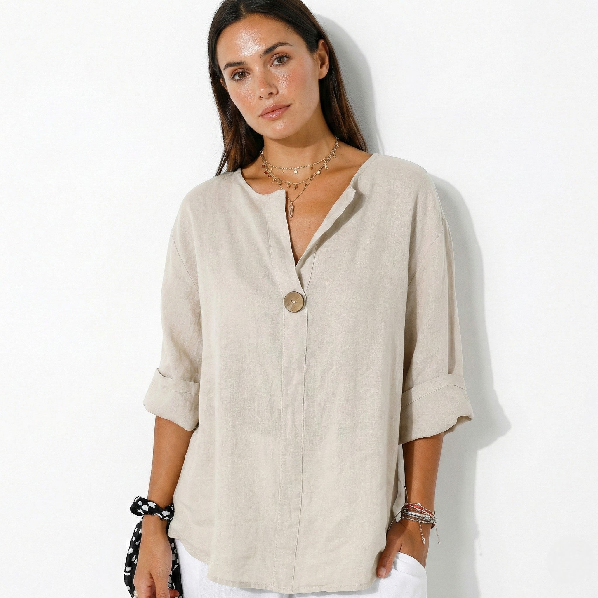 Olivia - Women's V - Neck Blouse with Button Detail and 3/4 Sleeves - Blouses - Beige - Jones & Smith