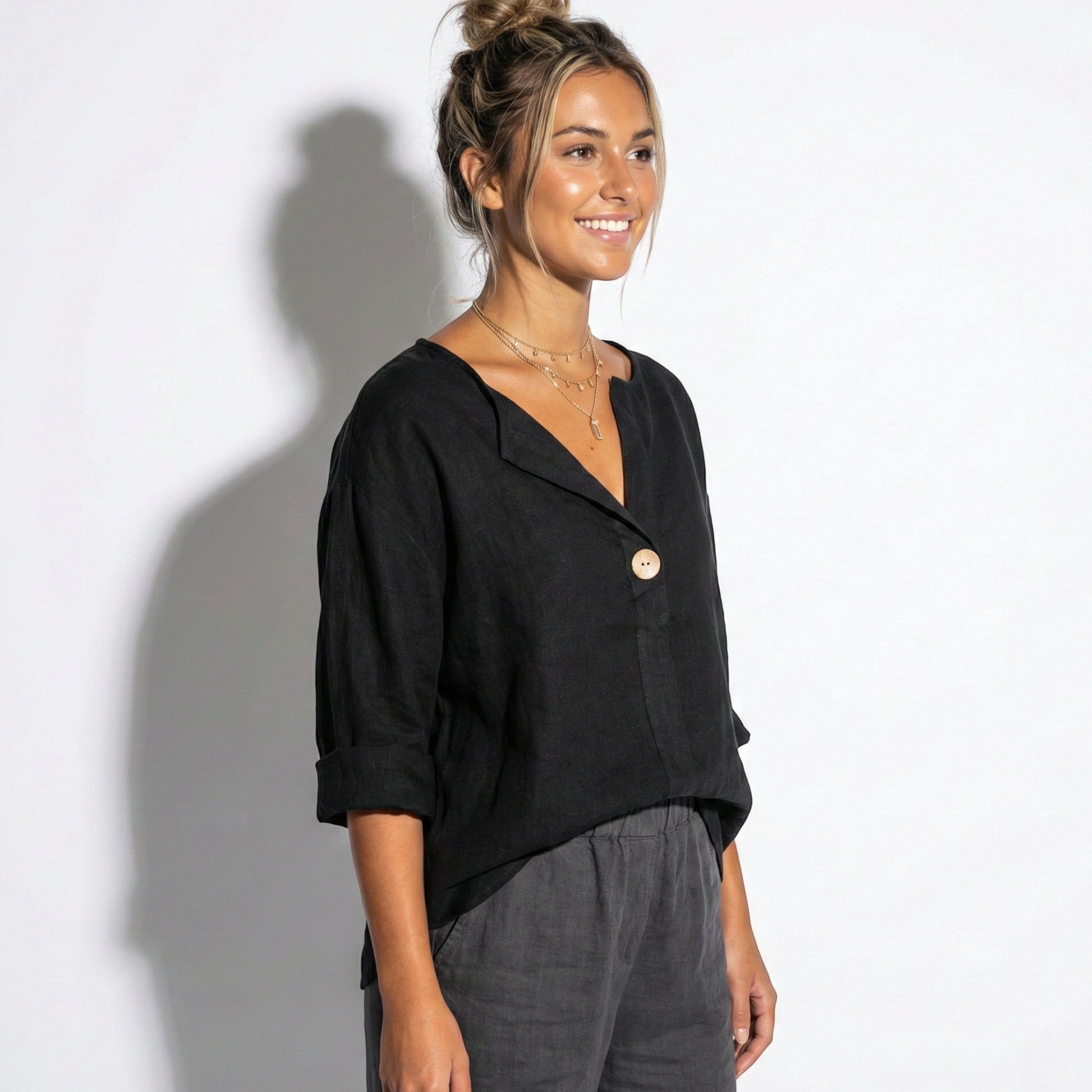 Olivia - Women's V - Neck Blouse with Button Detail and 3/4 Sleeves - Blouses - Black - Jones & Smith