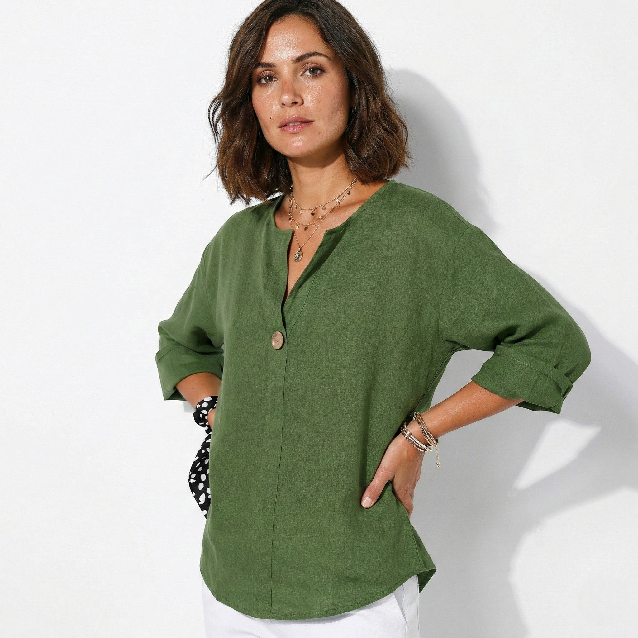 Olivia - Women's V - Neck Blouse with Button Detail and 3/4 Sleeves - Blouses - Green - Jones & Smith