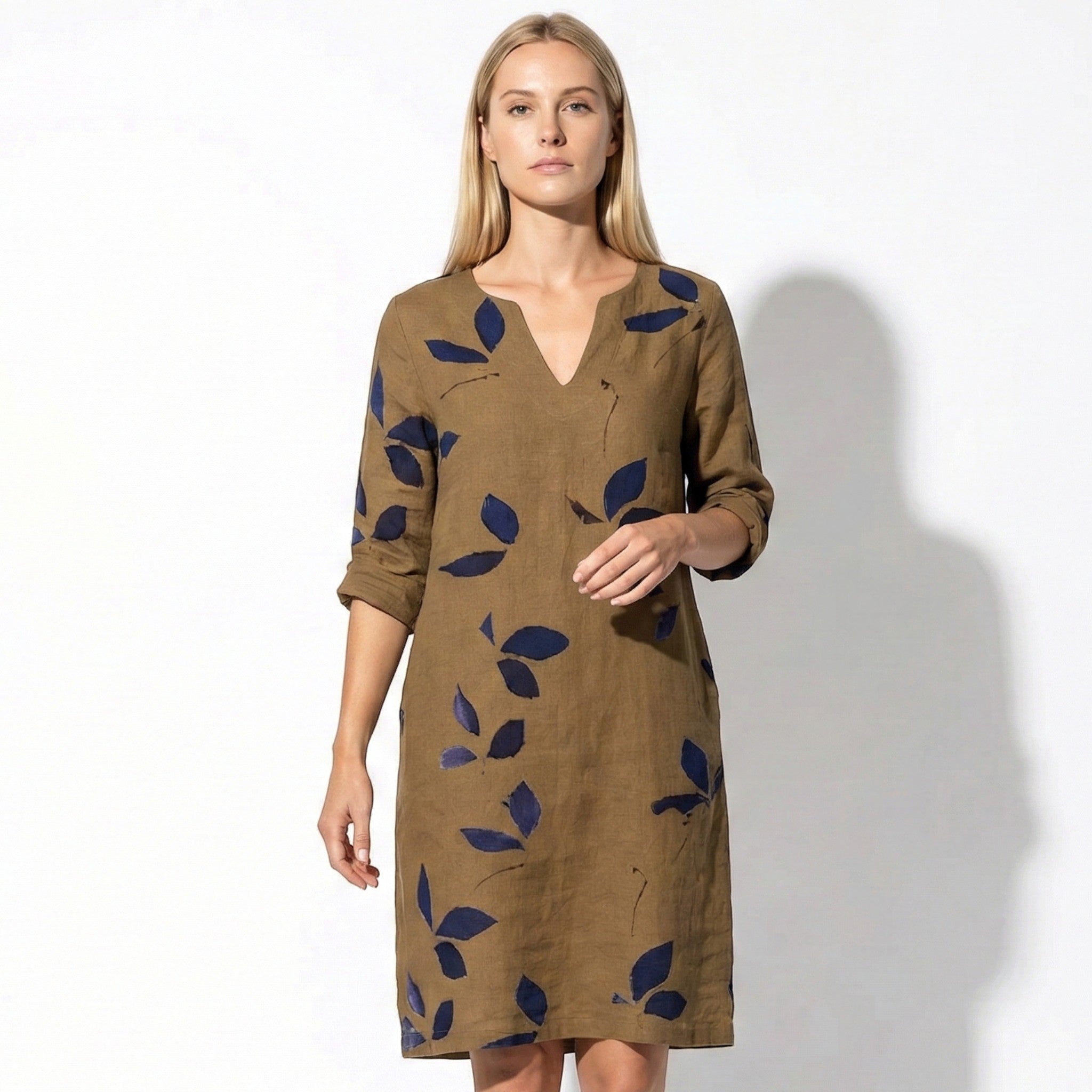 Olivia - Women's Vintage V - Neck Midi Dress with Short Sleeves - Dress - Brown - Jones & Smith