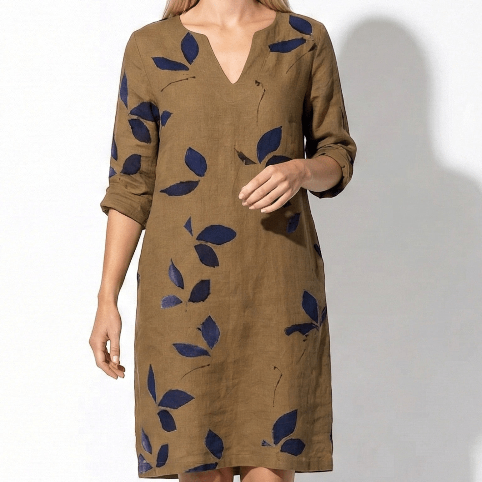 Olivia - Women's Vintage V - Neck Midi Dress with Short Sleeves - Dress - Brown - Jones & Smith