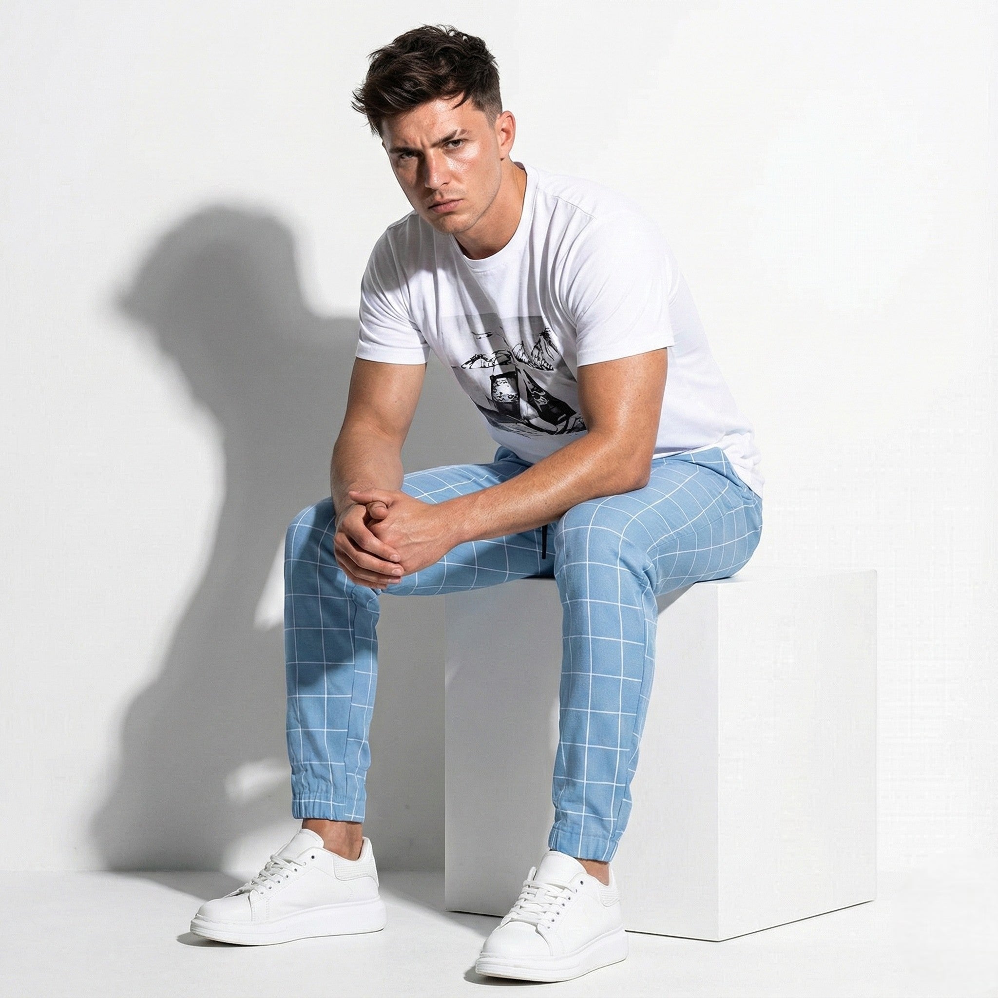 Paul - Men's Comfortable Modern Fit Checked Trouser Pants - Pants - Light Blue - Jones & Smith