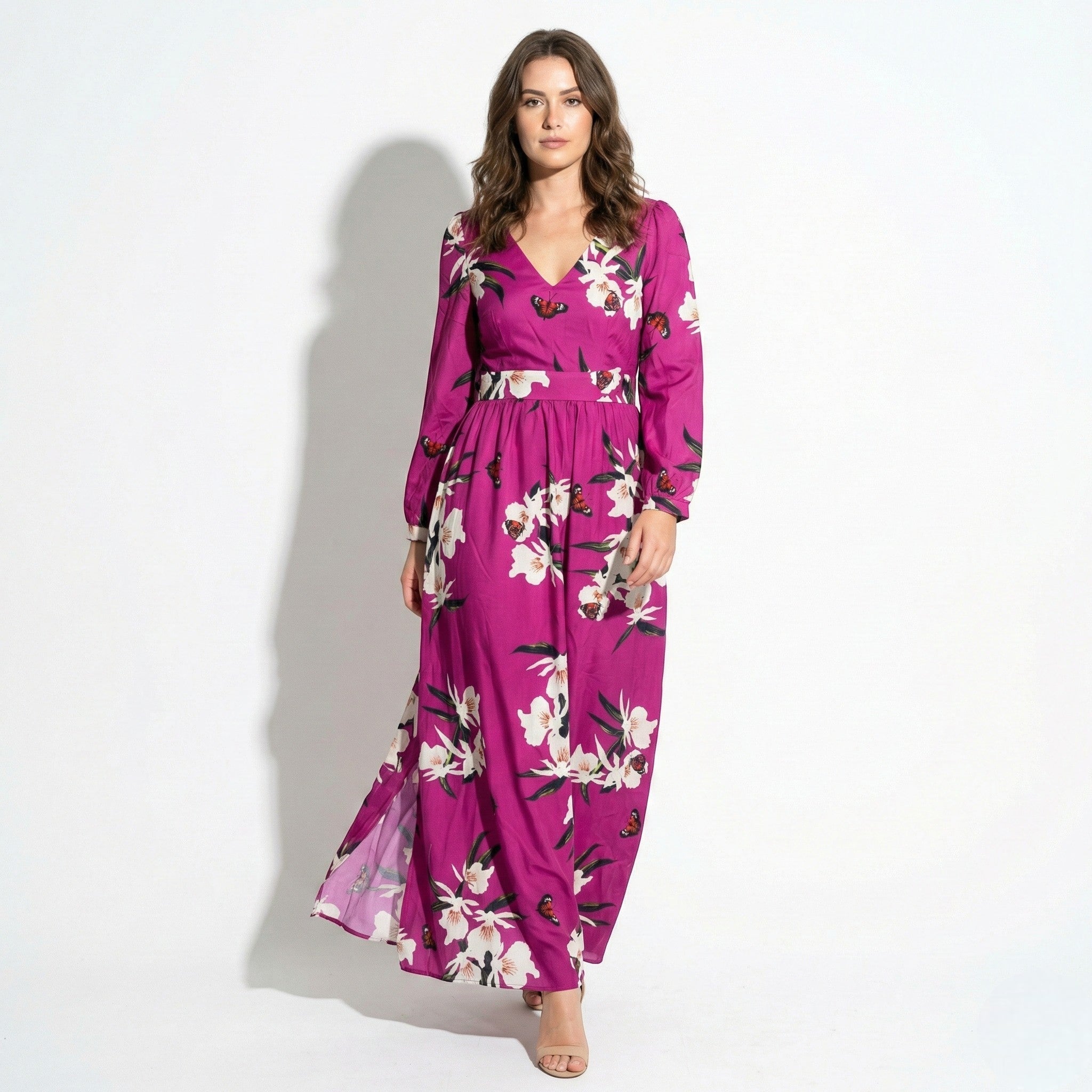 Rachel - Women's Floral V - Neck Maxi Dress with Long Sleeves - Dresses - Purple - Jones & Smith