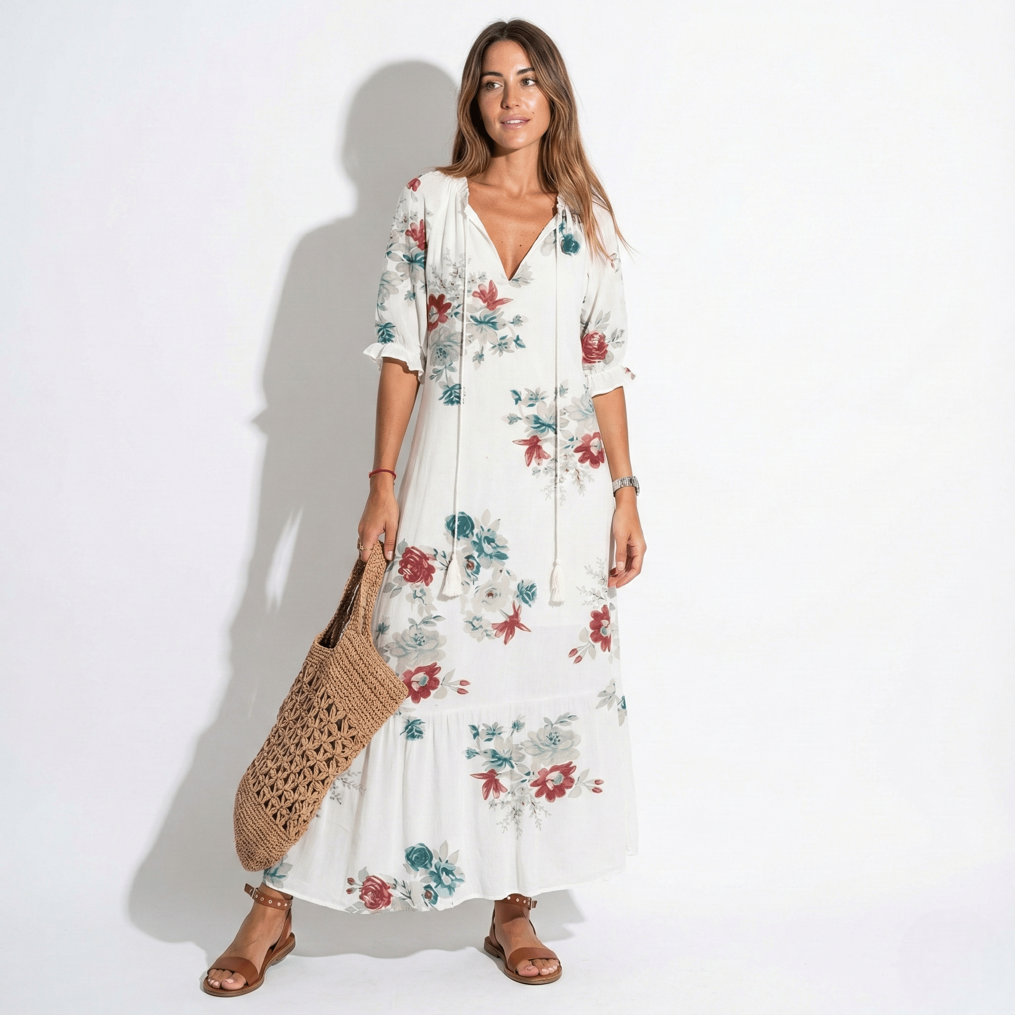 Riley - Women's Floral V - Neck Maxi Dress - Dress - White - Jones & Smith