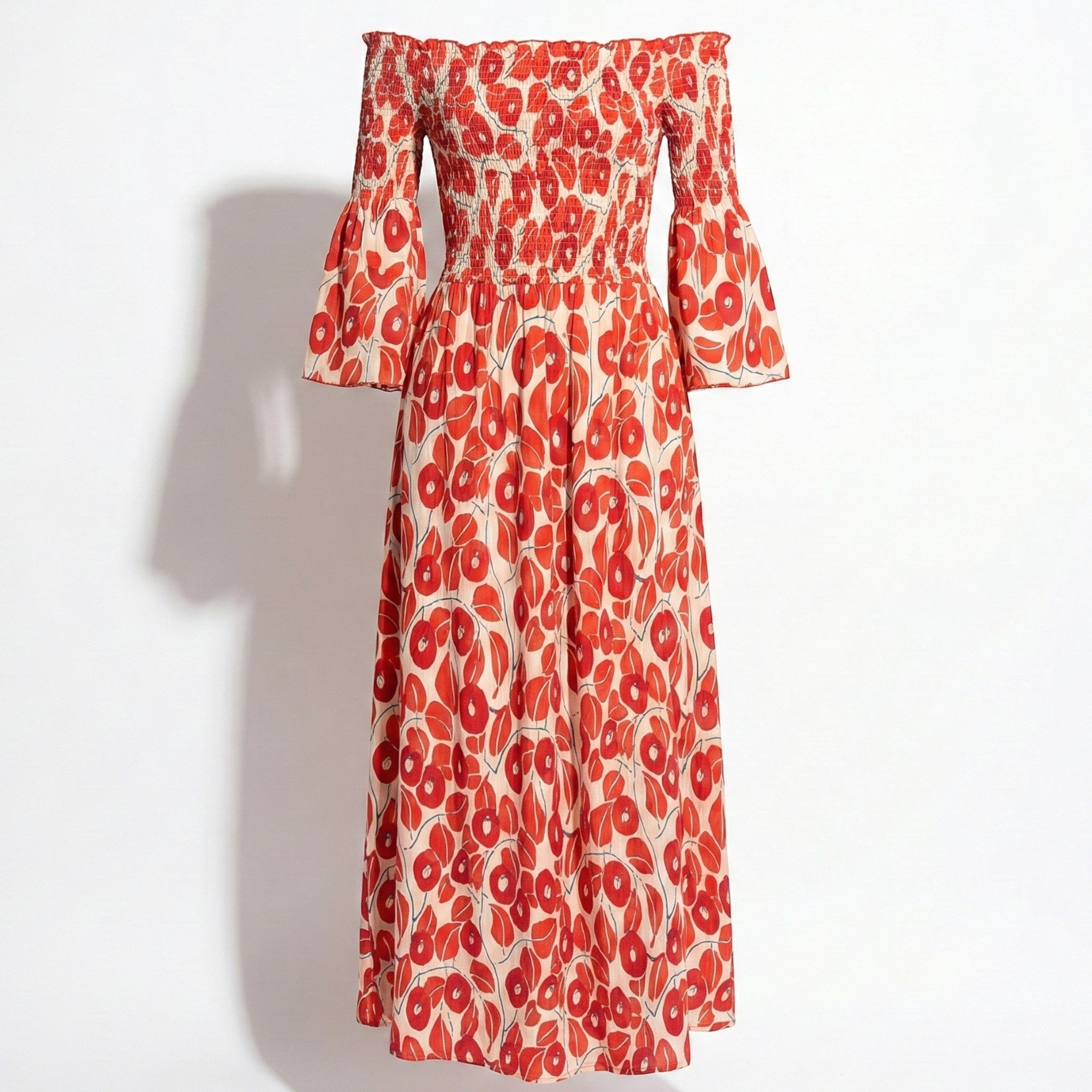 Rose - Women's Floral Off - Shoulder Maxi Dress with Smocked Bodice - Dresses - Red - Jones & Smith