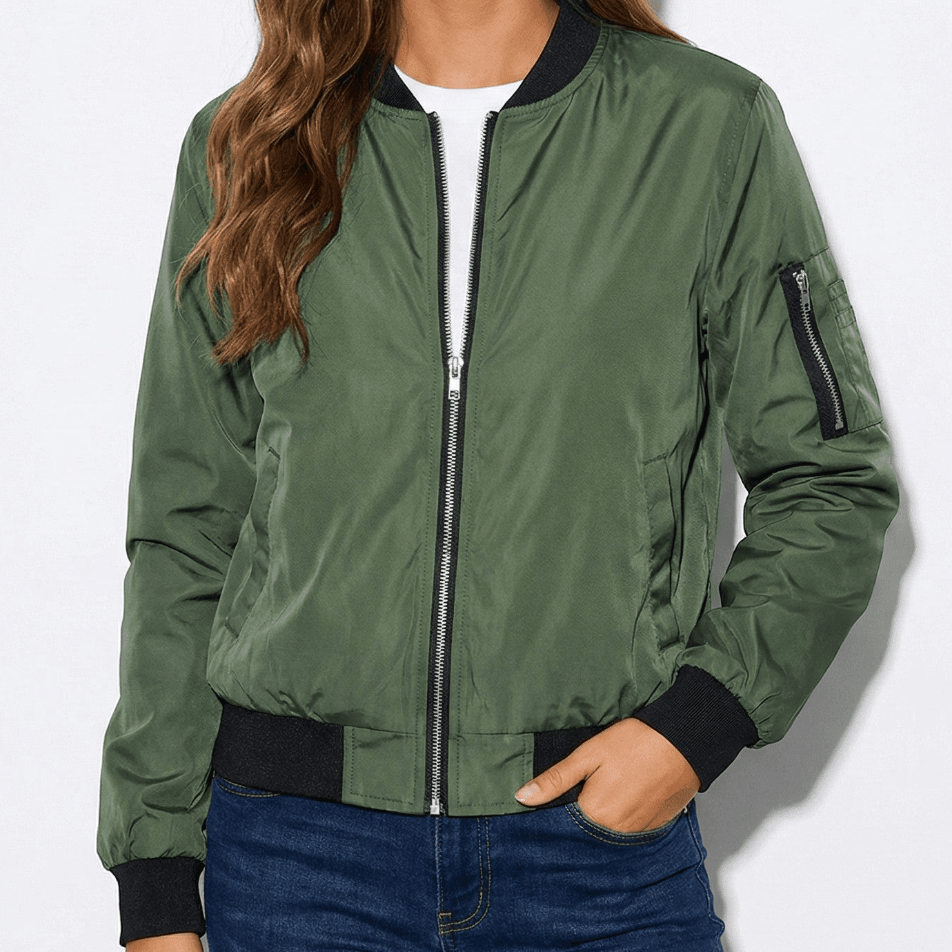 Rosie - Women's Classic Bomber Jacket with Ribbed Cuffs - Jackets & Blazers - Army Green - Jones & Smith