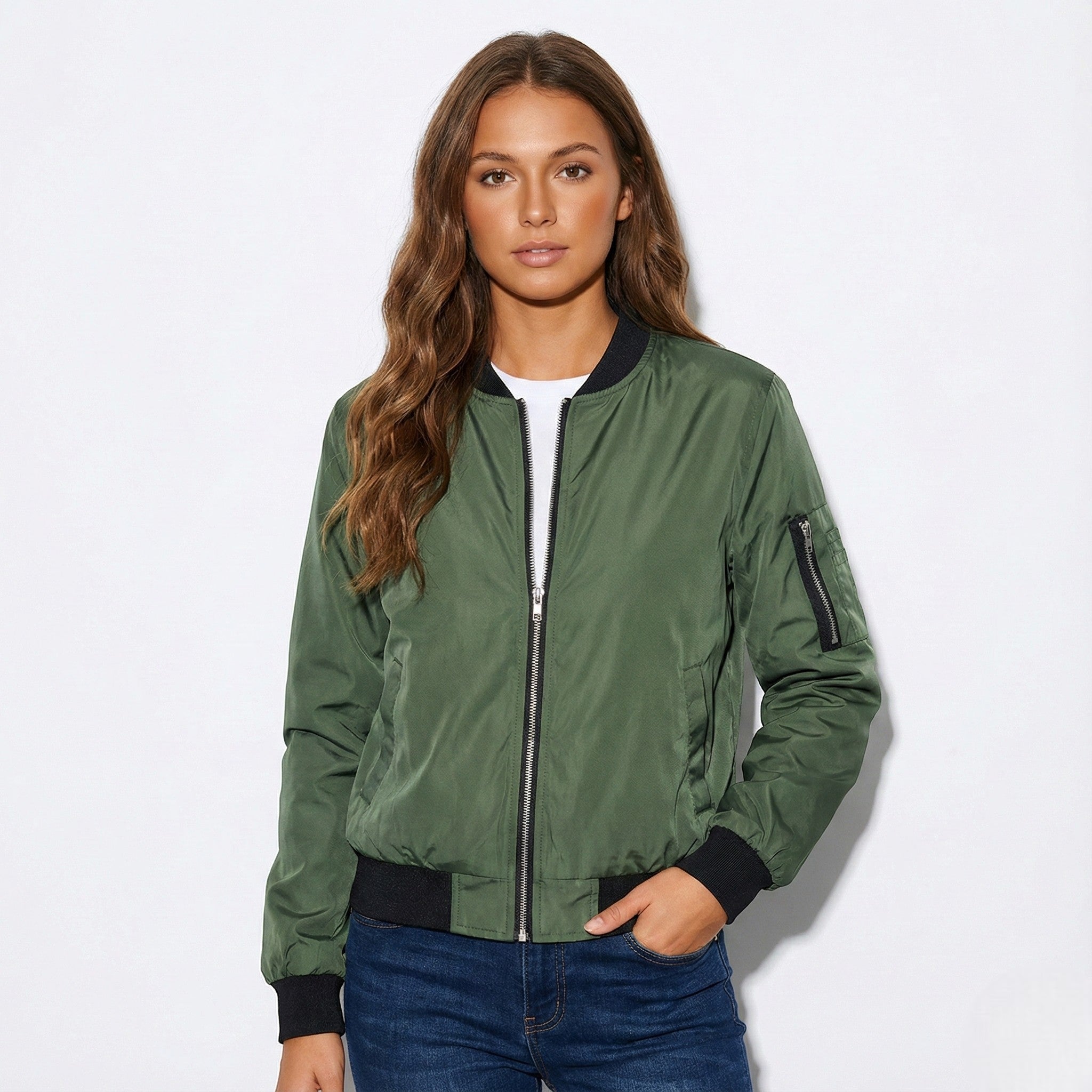 Rosie - Women's Classic Bomber Jacket with Ribbed Cuffs - Jackets & Blazers - Army Green - Jones & Smith