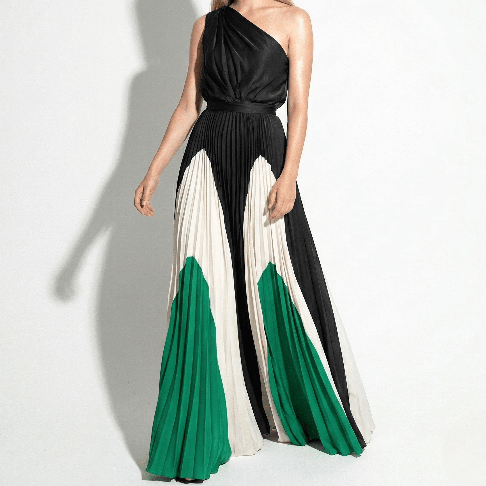 Ruby - Women's Asymmetrical One - Shoulder Pleated Dress - Dress - Emerald Monochrome Elegance - Jones & Smith