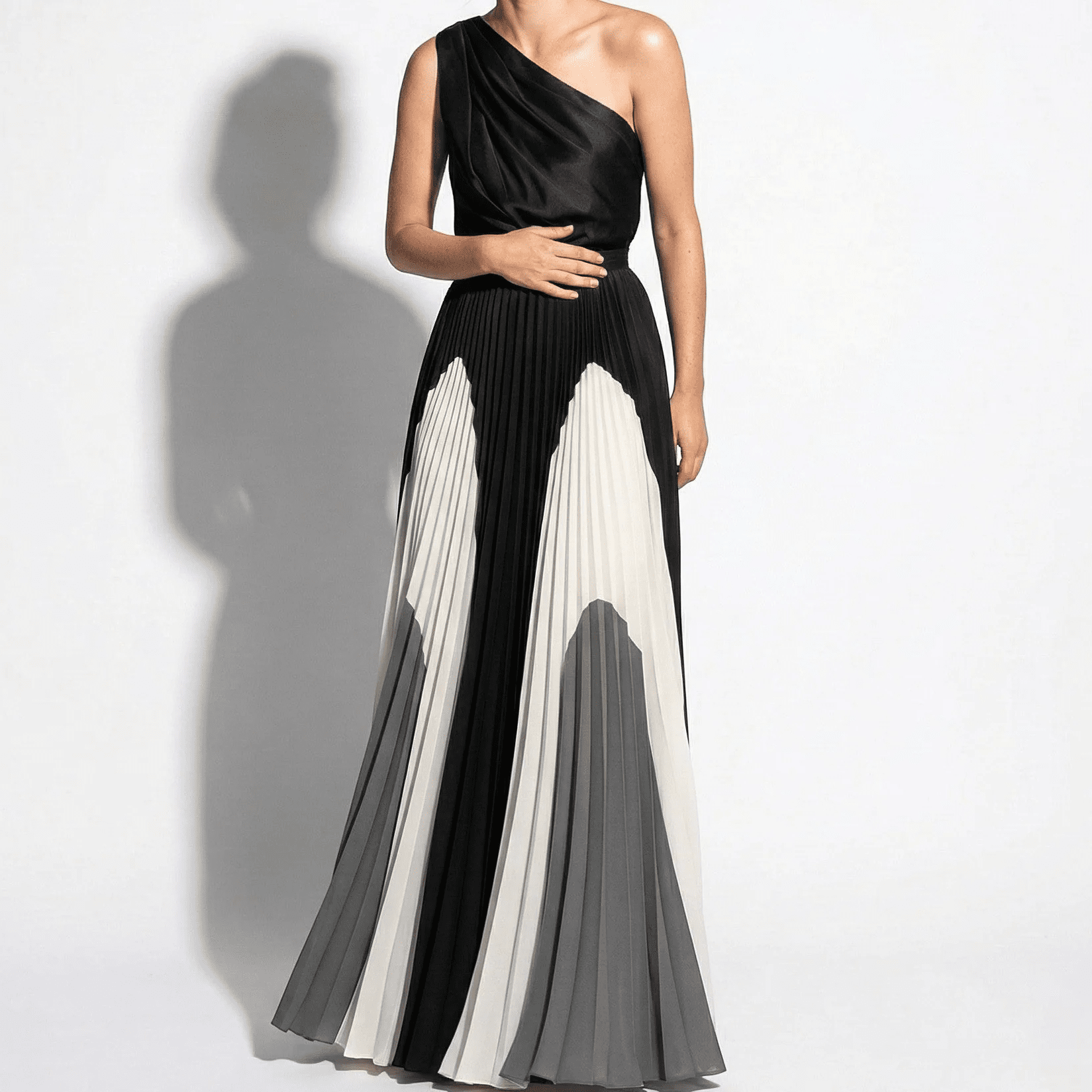 Ruby - Women's Asymmetrical One - Shoulder Pleated Dress - Dress - Monochrome Wave Elegance - Jones & Smith