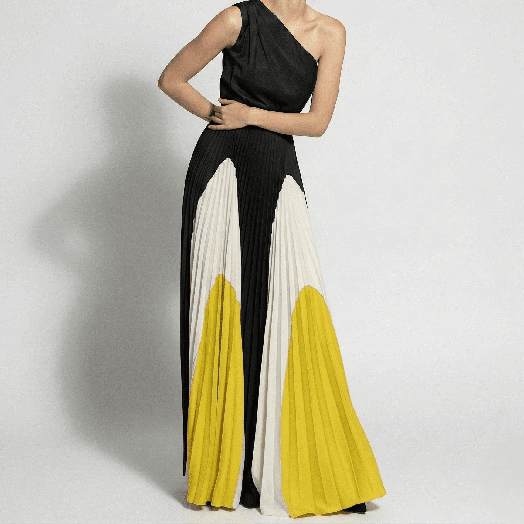 Ruby - Women's Asymmetrical One - Shoulder Pleated Dress - Dress - Sunburst Monochrome Elegance - Jones & Smith