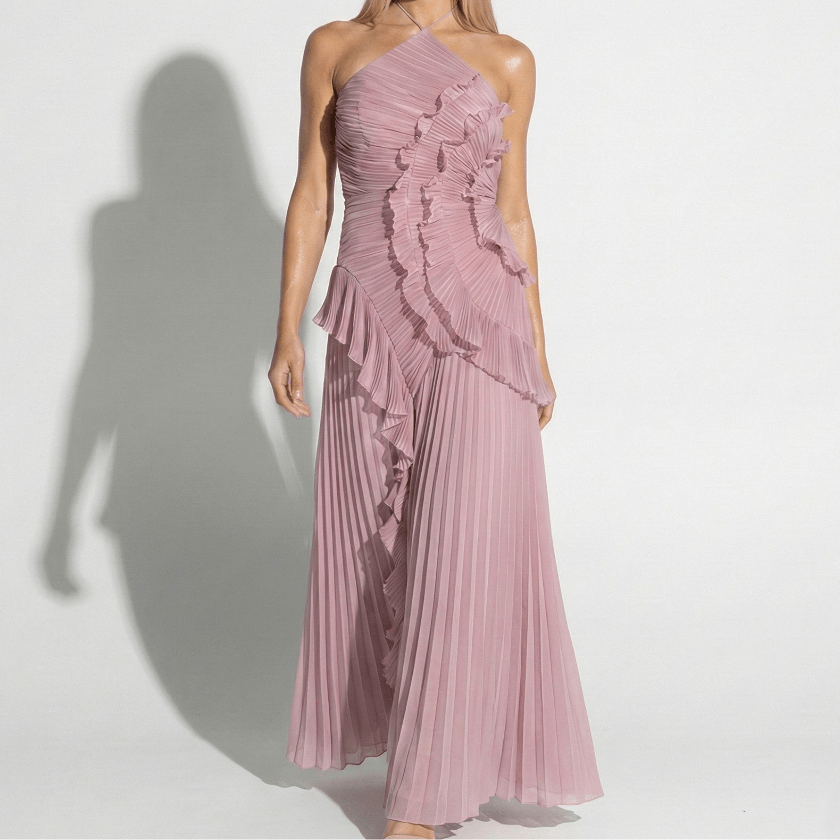 Ruby - Women's Halter Neck Ruffle Pleated Maxi Dress - Dresses - Pink - Jones & Smith