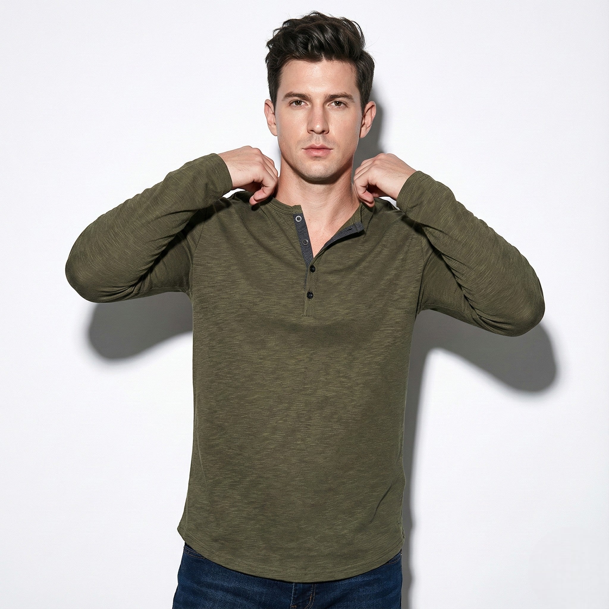 Samuel - Men’s Long Sleeve Button - Front Shirt - Shirt - Army Green - Jones & Smith