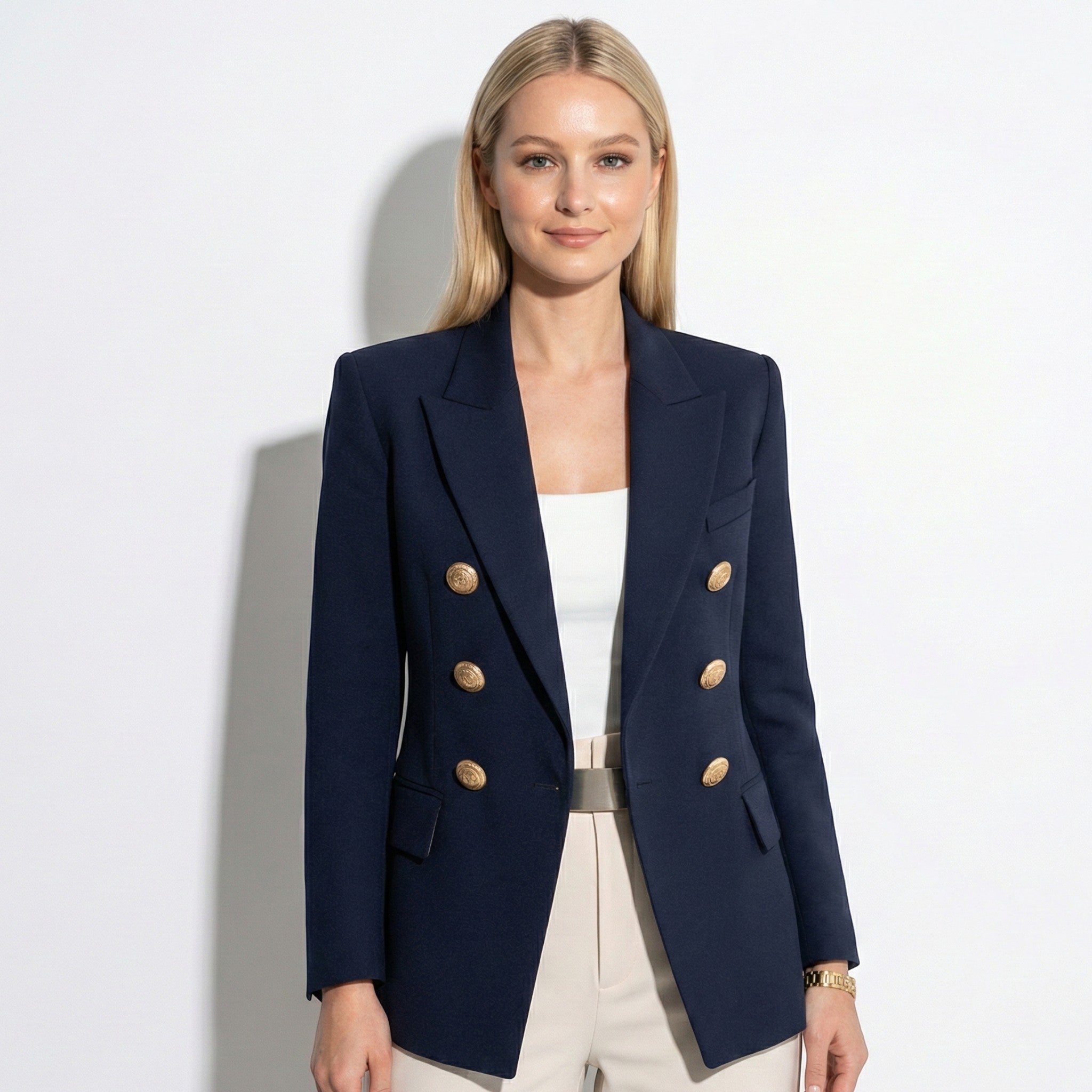Sarah - Women's Tailored Double Breasted Blazer with Gold Buttons - Jackets - Blue - Jones & Smith