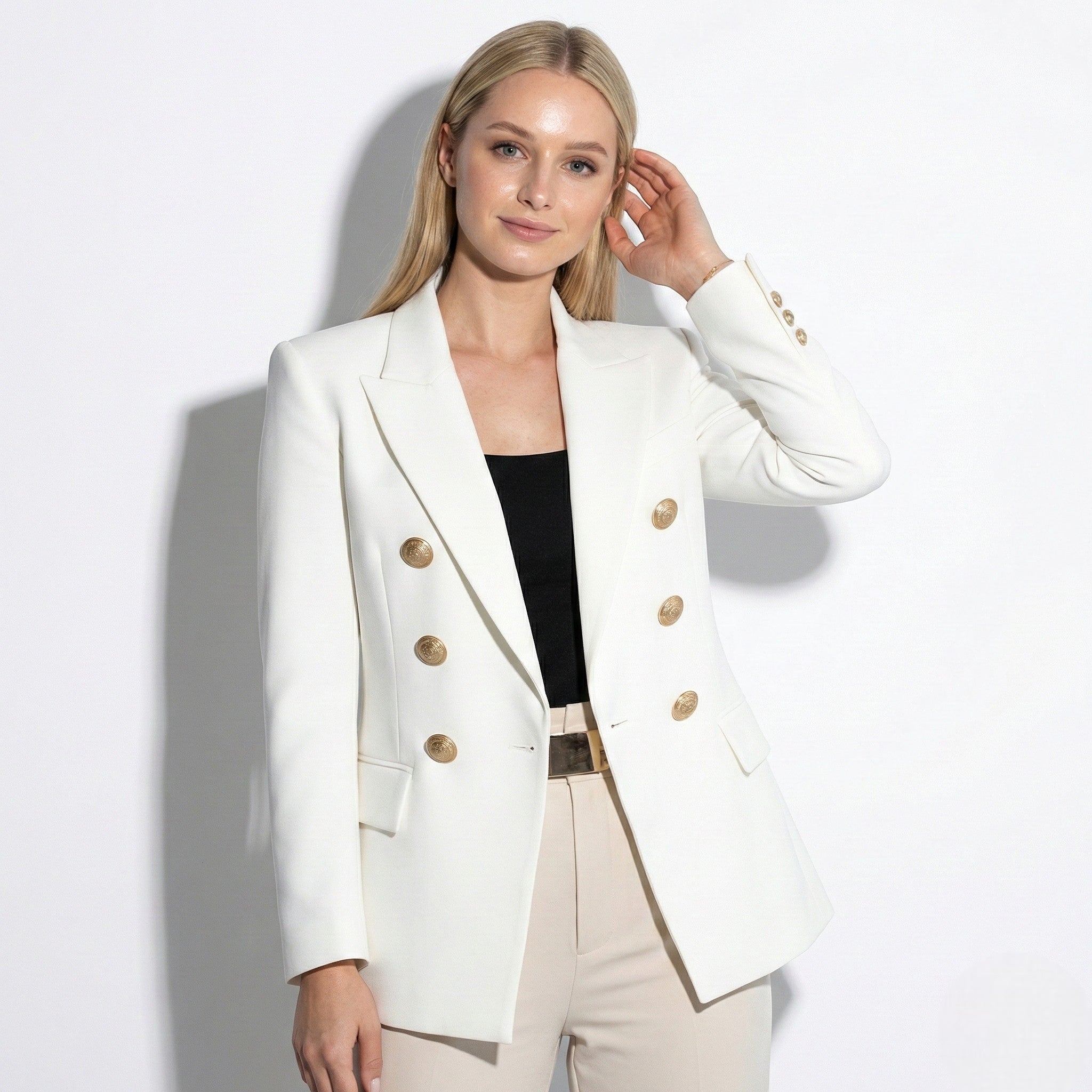 Sarah - Women's Tailored Double Breasted Blazer with Gold Buttons - Jackets - White - Jones & Smith