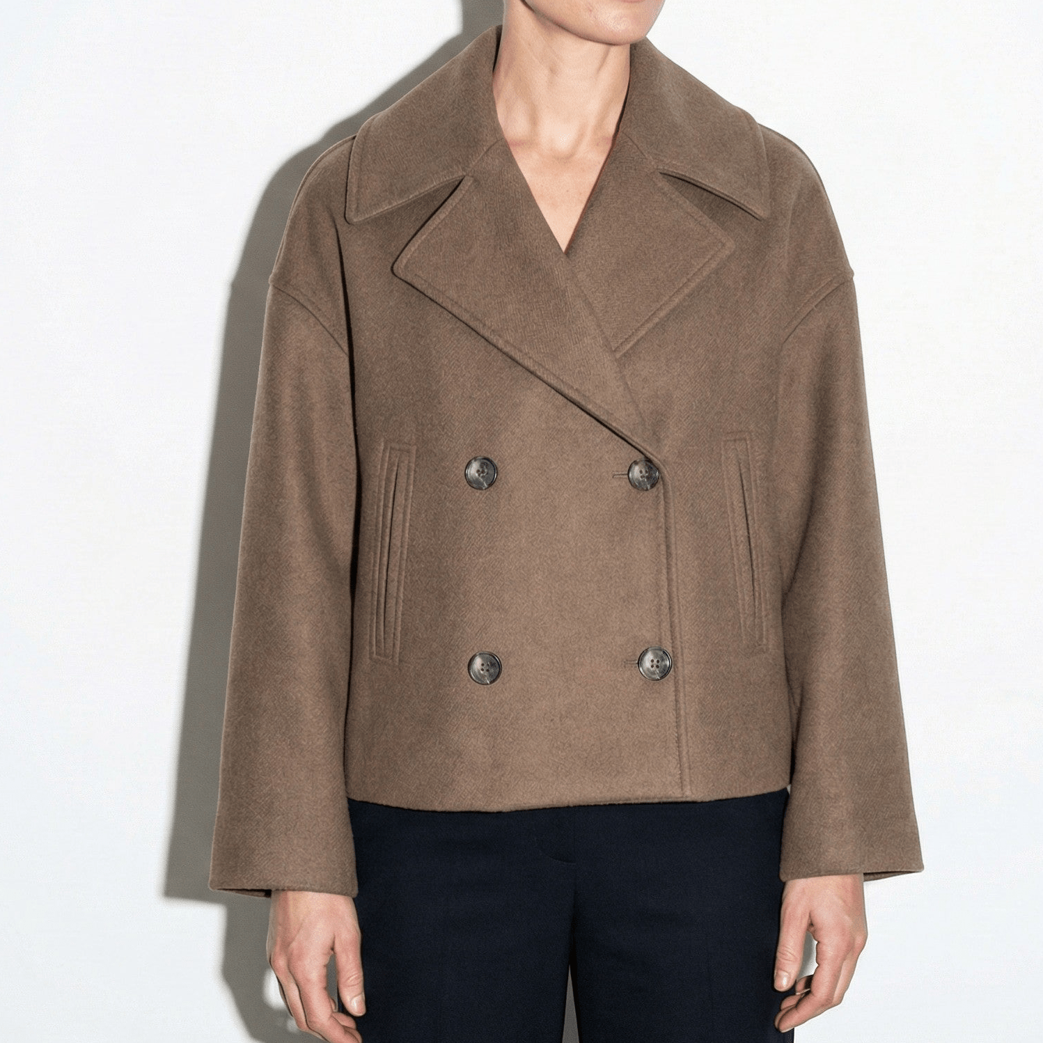 Sienna - Women's Double - Breasted Cropped Jacket with Pointed Lapels - Jacket - Brown - Jones & Smith