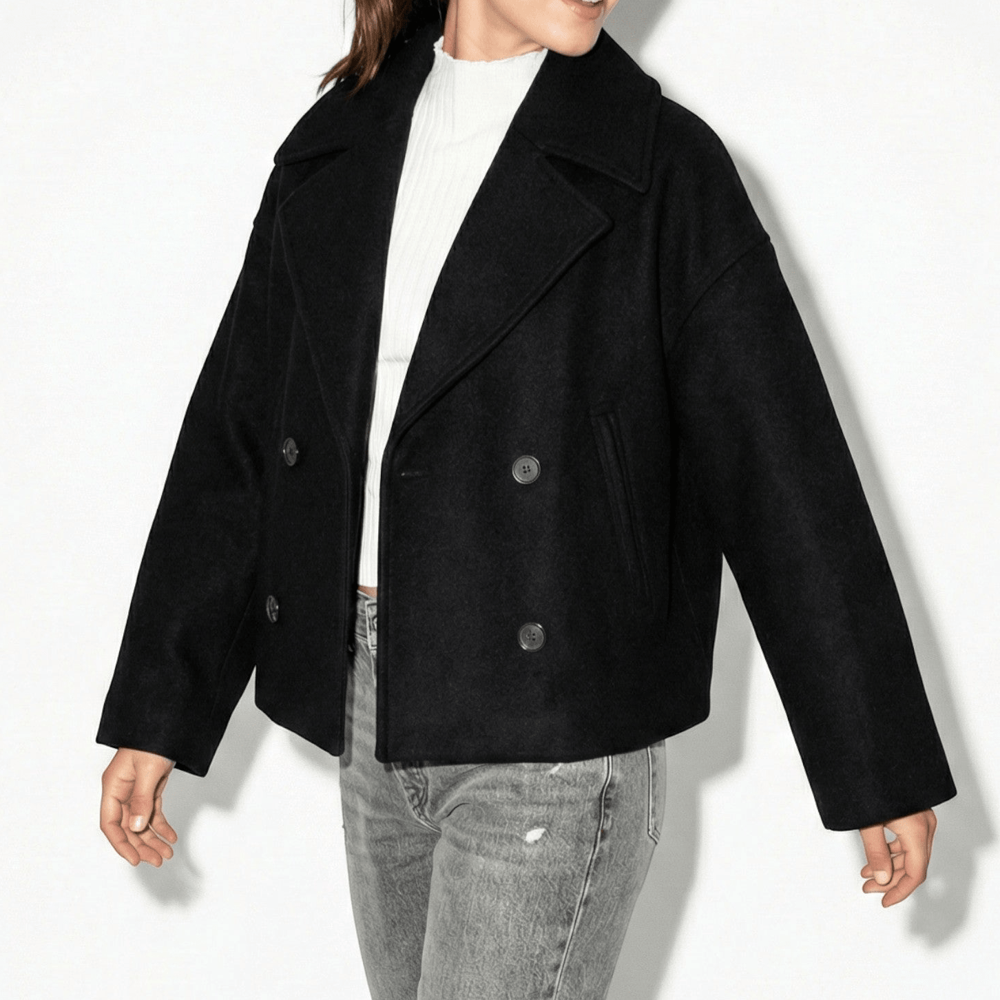 Sienna - Women's Double - Breasted Cropped Jacket with Pointed Lapels - Jacket - Black - Jones & Smith