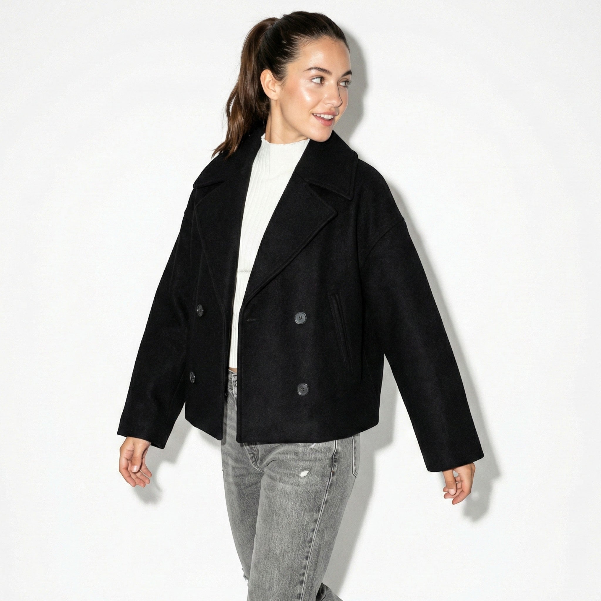 Sienna - Women's Double - Breasted Cropped Jacket with Pointed Lapels - Jacket - Black - Jones & Smith