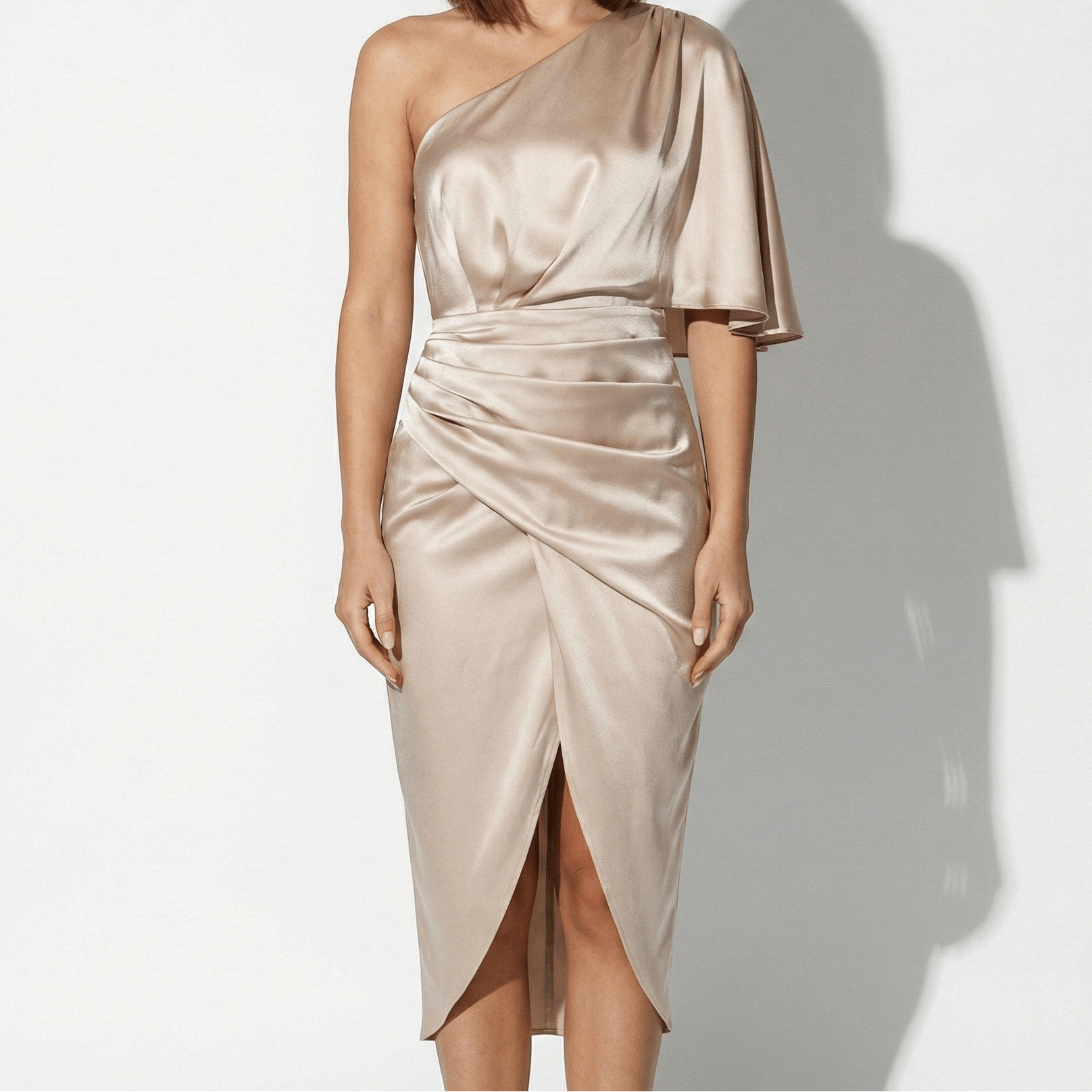 Sophia - Women's One Shoulder Midi Dress - Dresses - Champagne - Jones & Smith