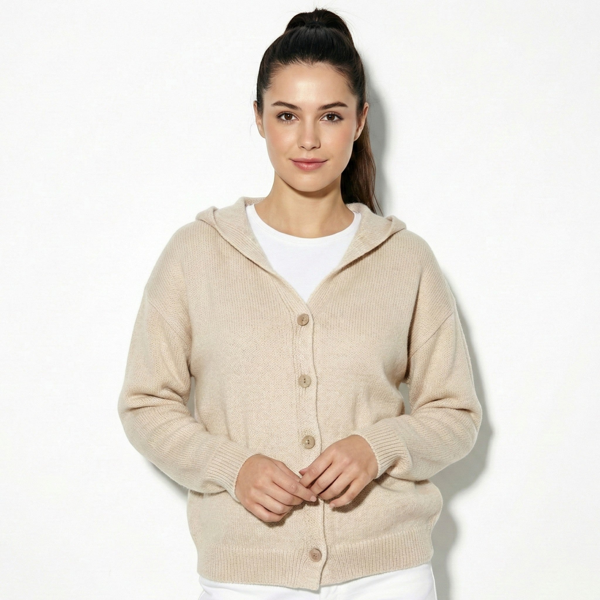 Sophie - Women's Knit Cardigan with Hood - Cardigans - Beige - Jones & Smith