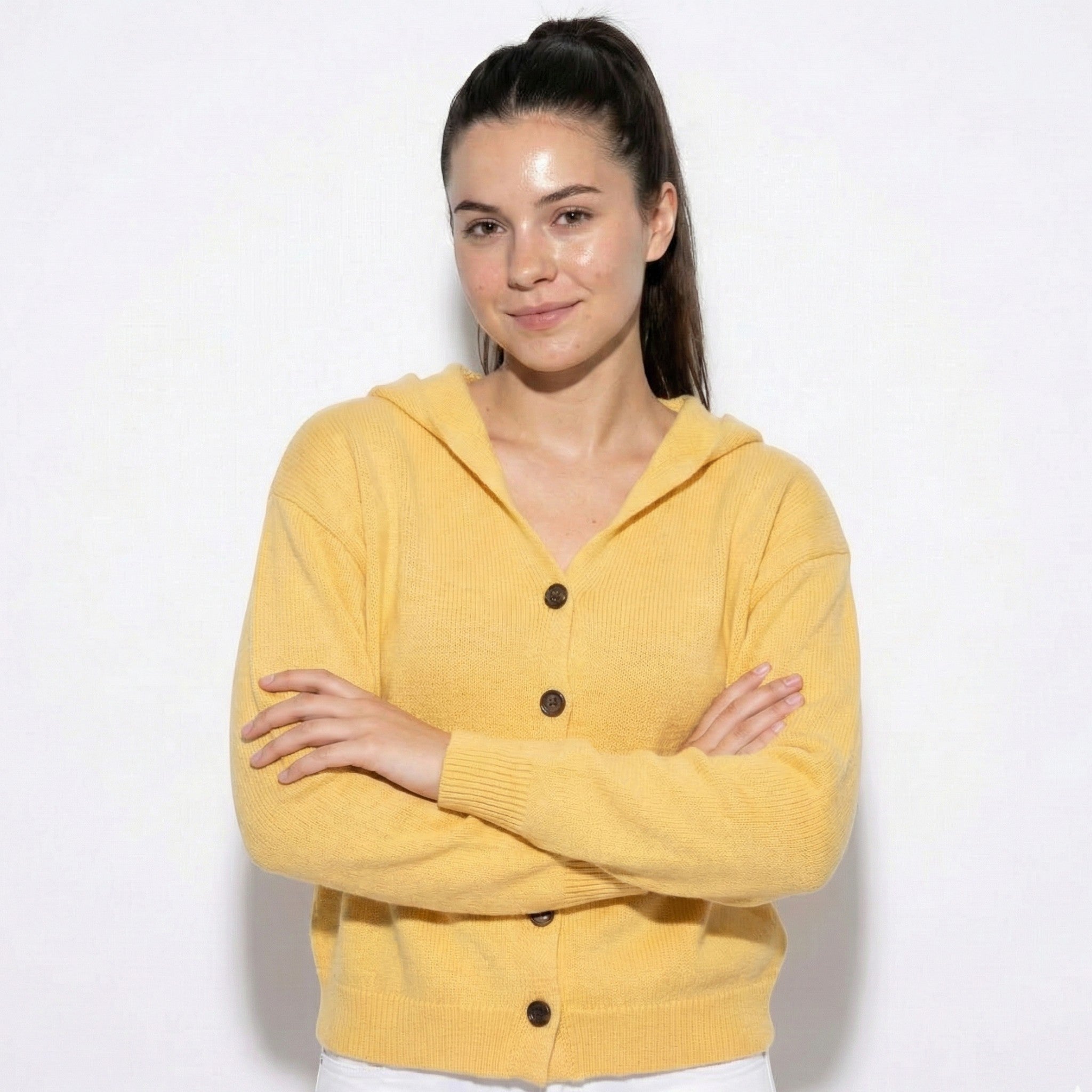 Sophie - Women's Knit Cardigan with Hood - Cardigans - Yellow - Jones & Smith