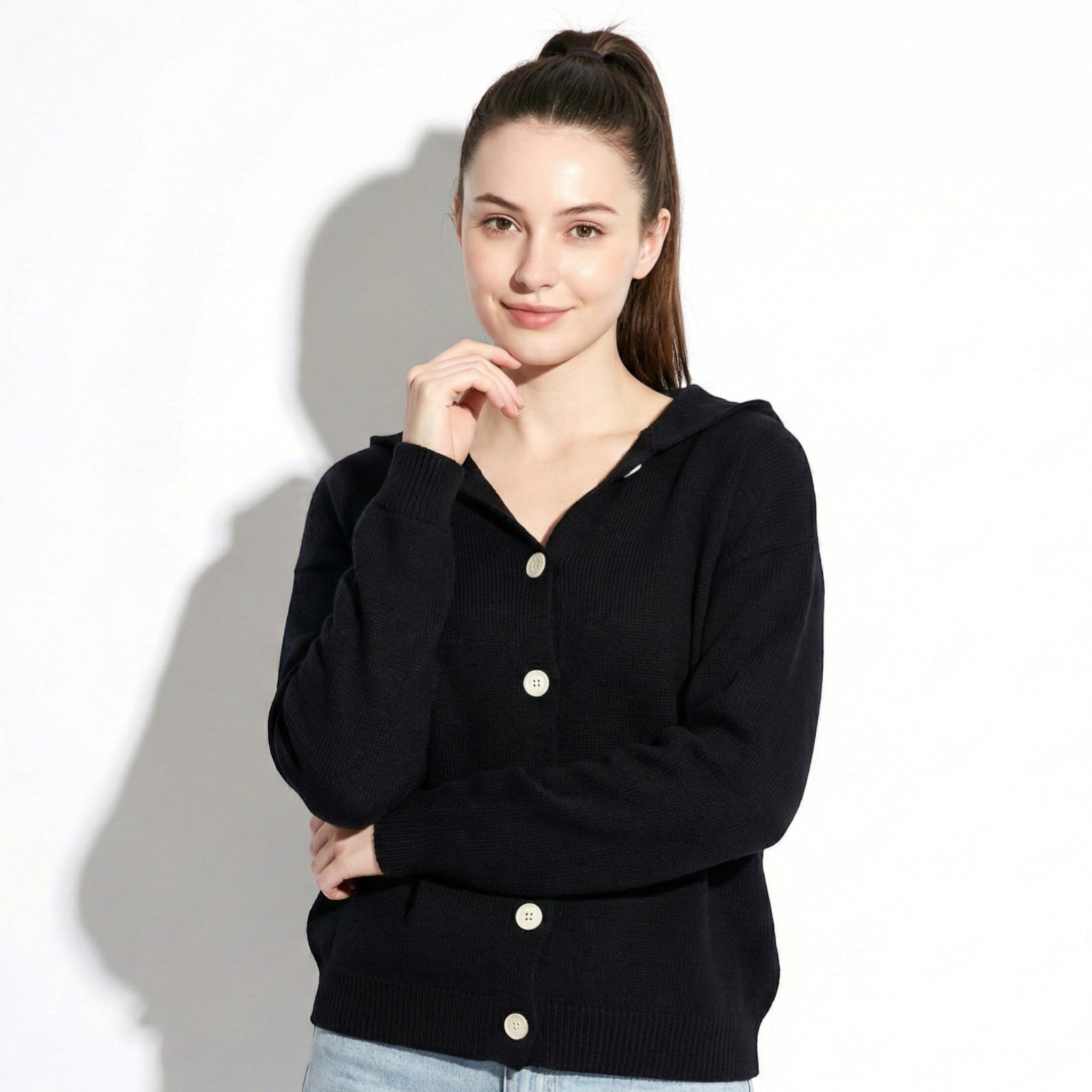 Sophie - Women's Knit Cardigan with Hood - Cardigans - Black - Jones & Smith