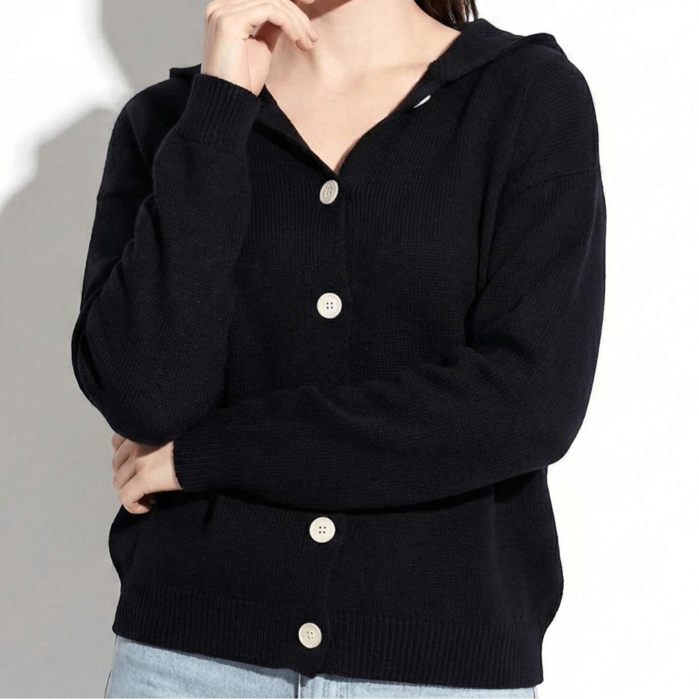 Sophie - Women's Knit Cardigan with Hood - Cardigans - Black - Jones & Smith